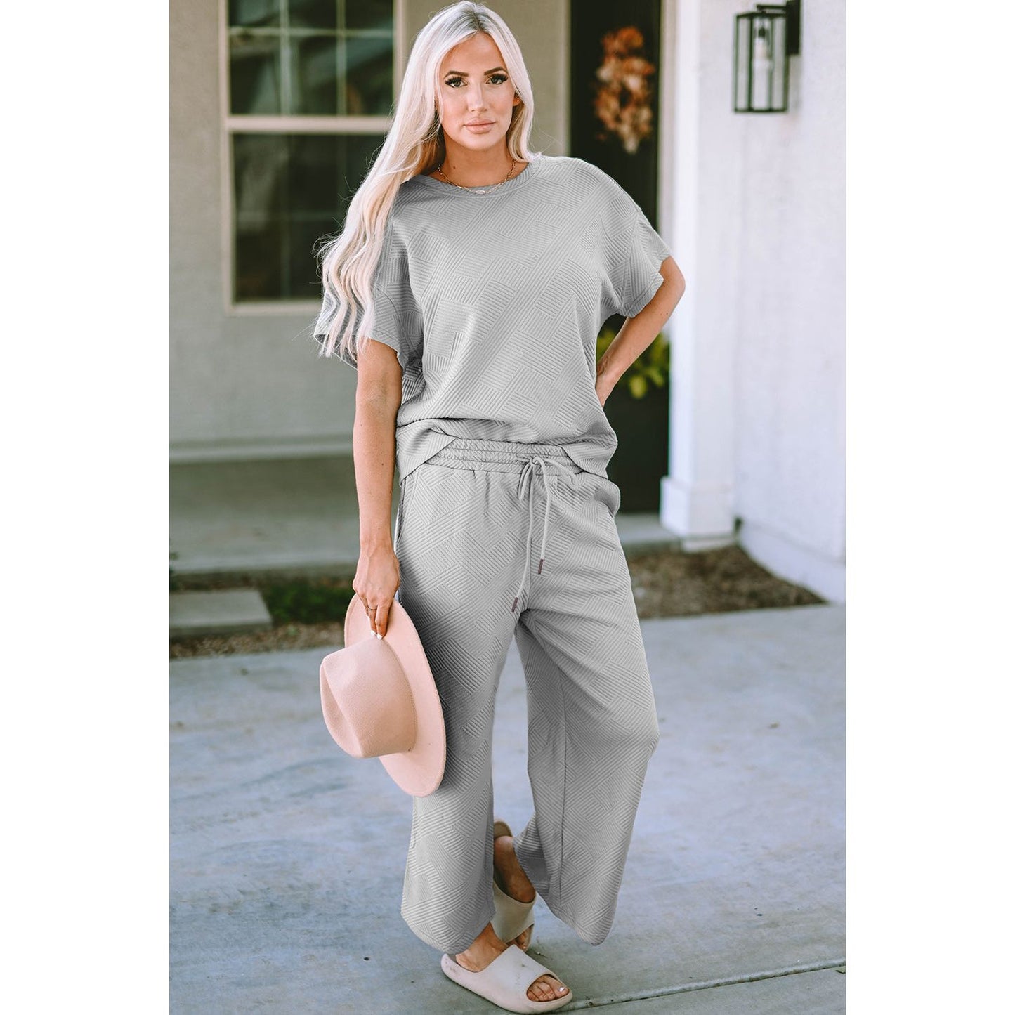 Double Take Full Size Texture Short Sleeve Top and Pants Set