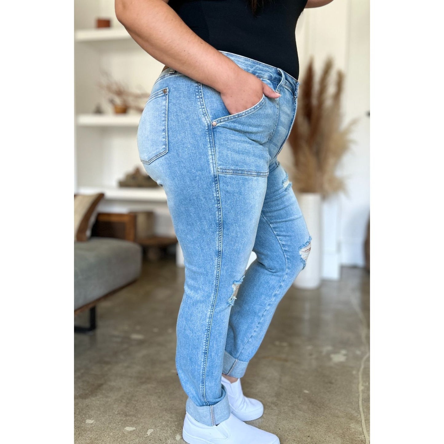 Judy Blue Full Size Distressed Straight Jeans with Patch Pockets