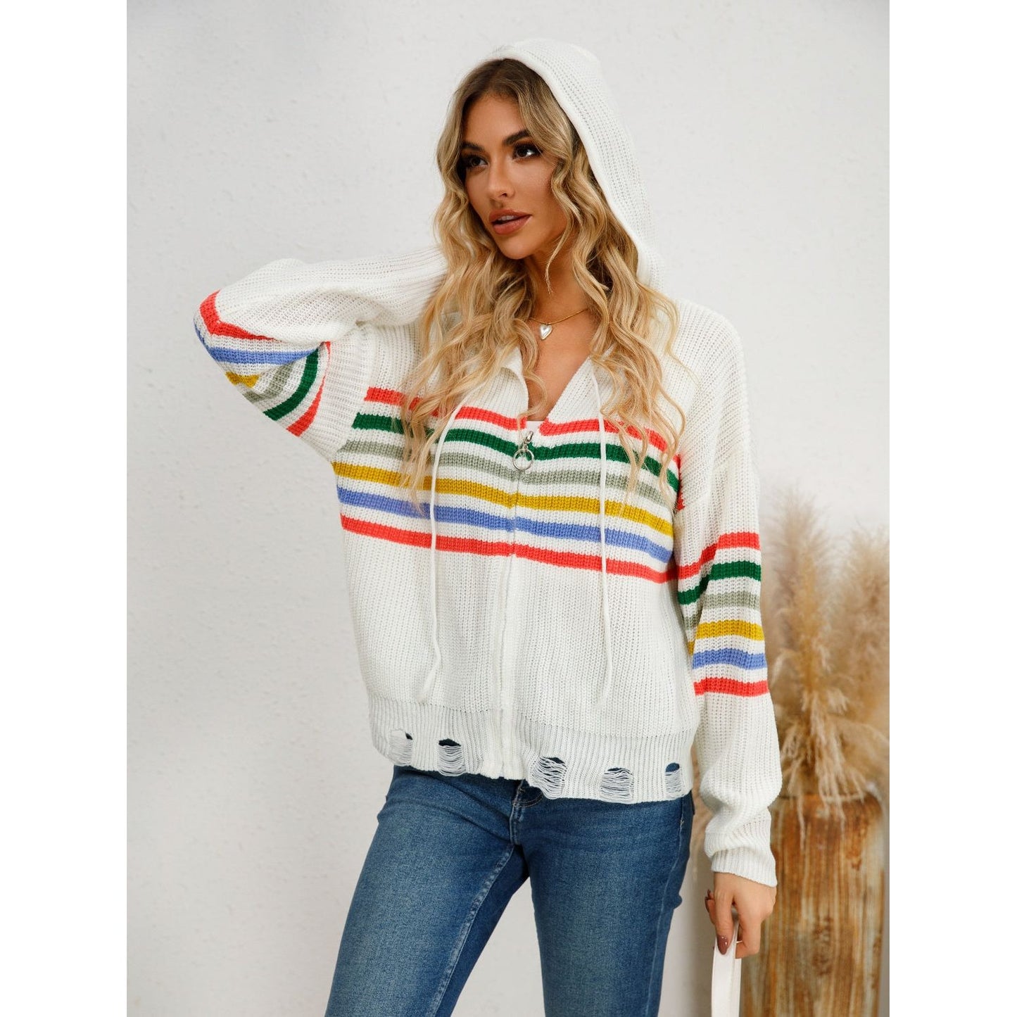 Drawstring Striped Dropped Shoulder Hooded Cardigan