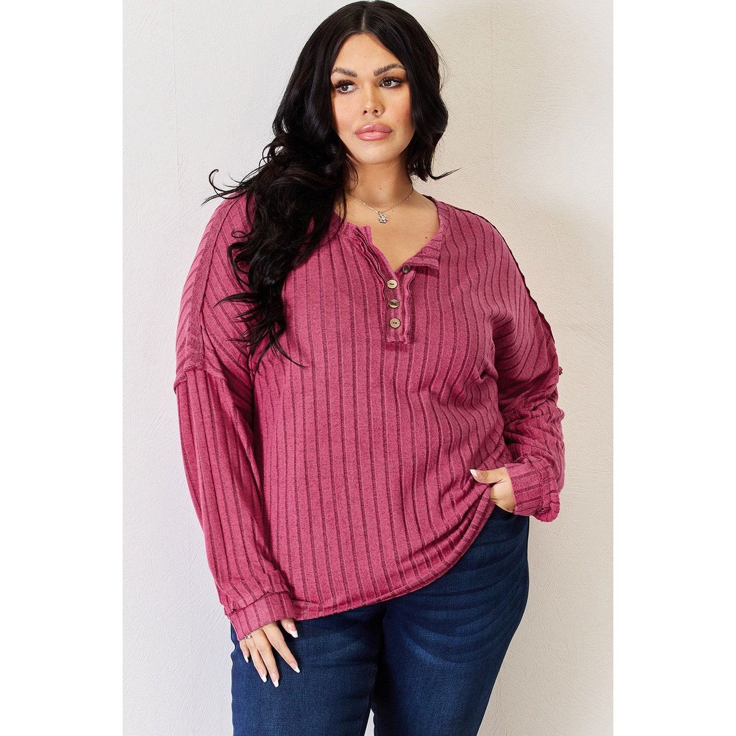 Basic Bae Full Size Ribbed Half Button Long Sleeve High-Low T-Shirt