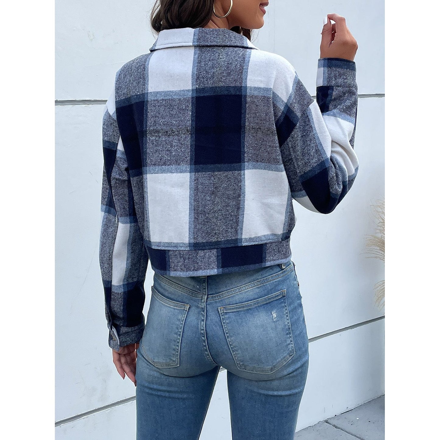 Perfee Plaid Button Up Drop Shoulder Cropped Jacket