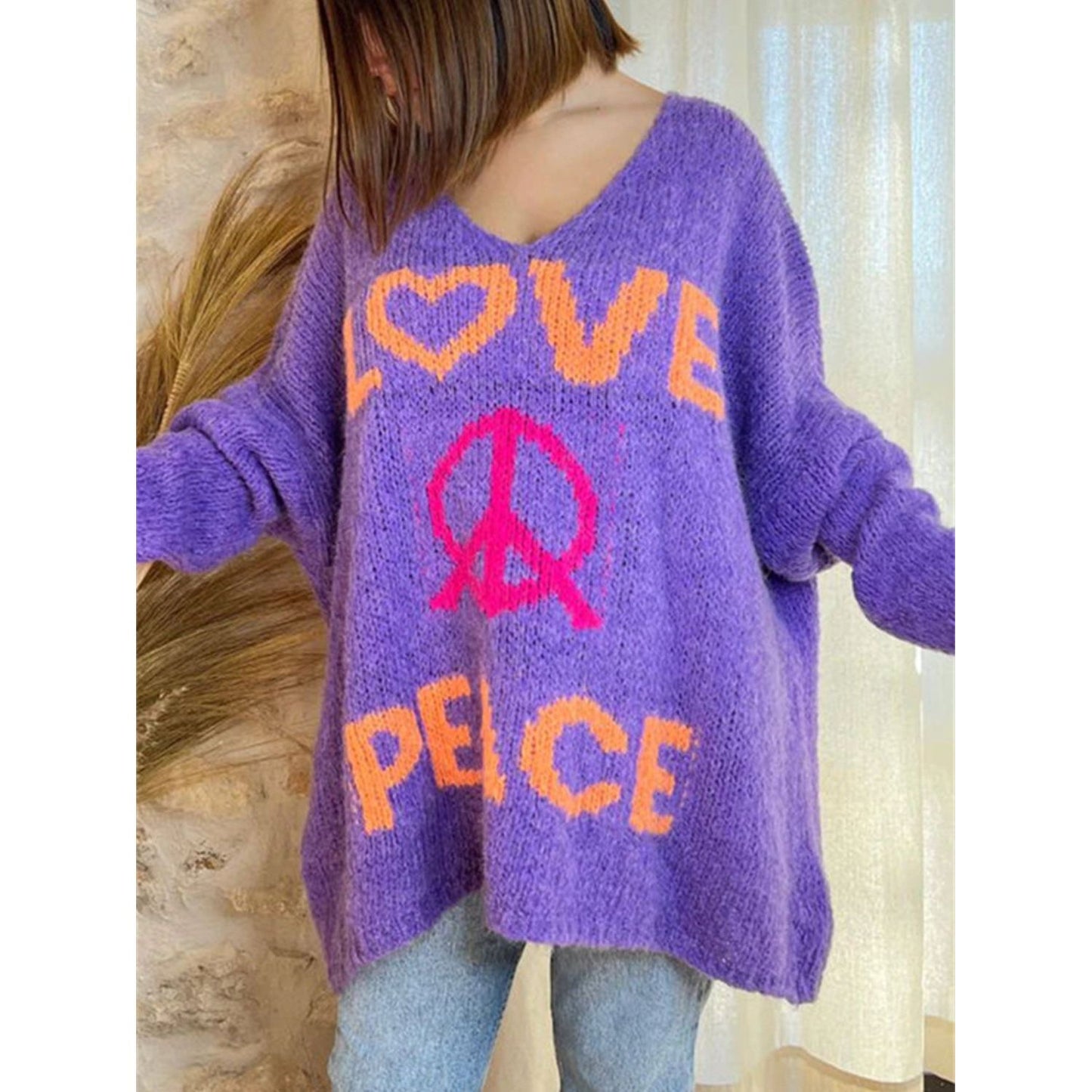 Peace Graphic V-Neck Long Sleeve Sweater