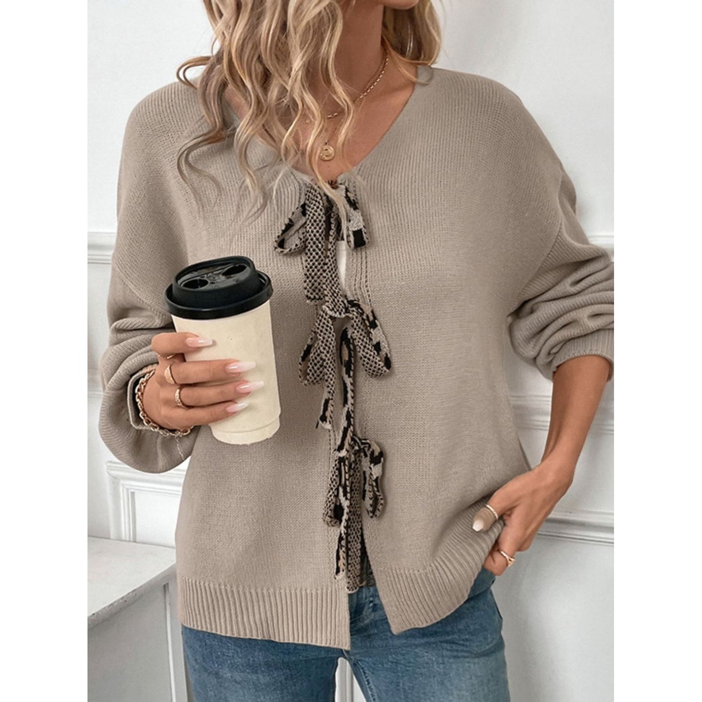 Perfee Tied Contrast Heart V-Neck Long Sleeve Cardigan