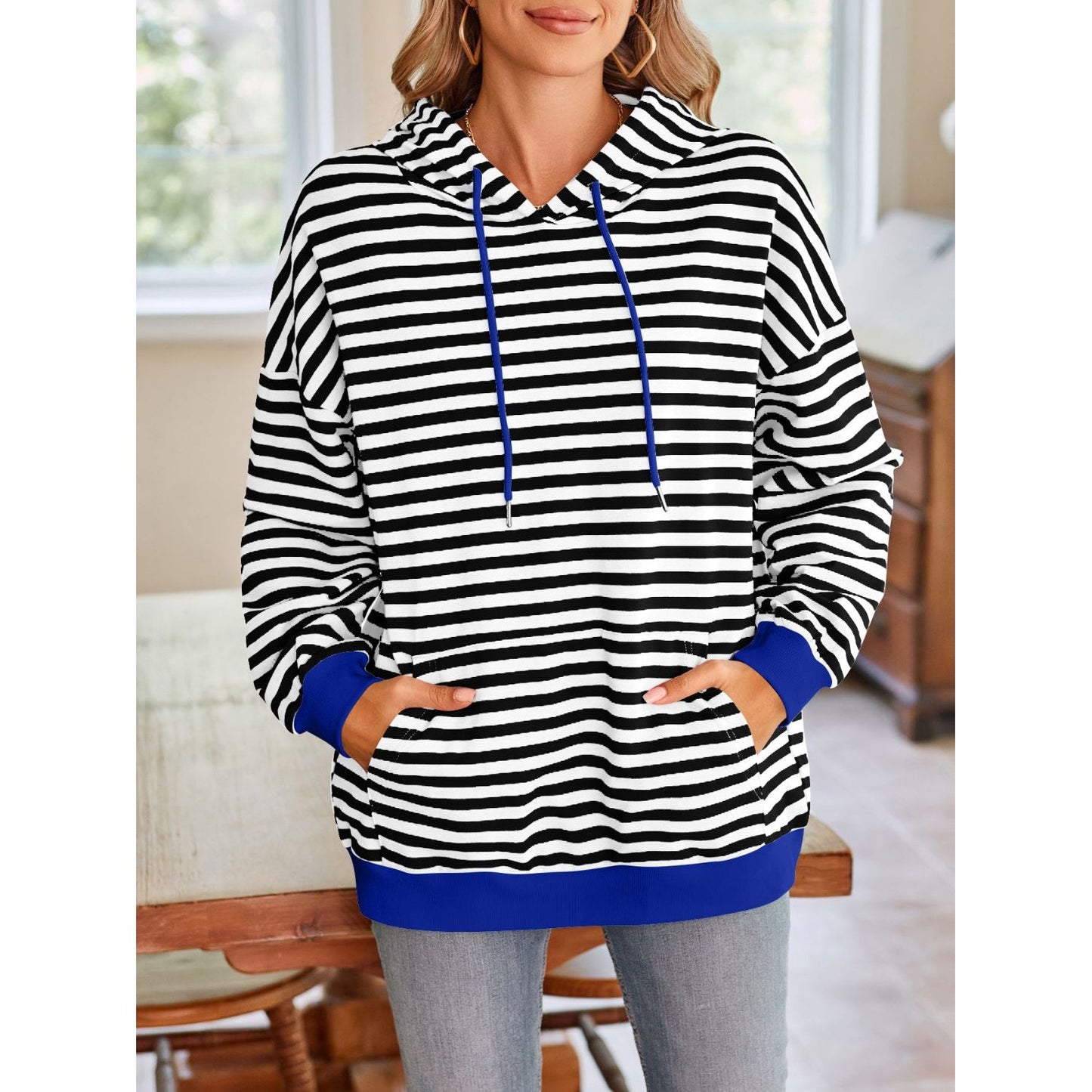 Lovelet Drawstring Striped Long Sleeve Hoodie