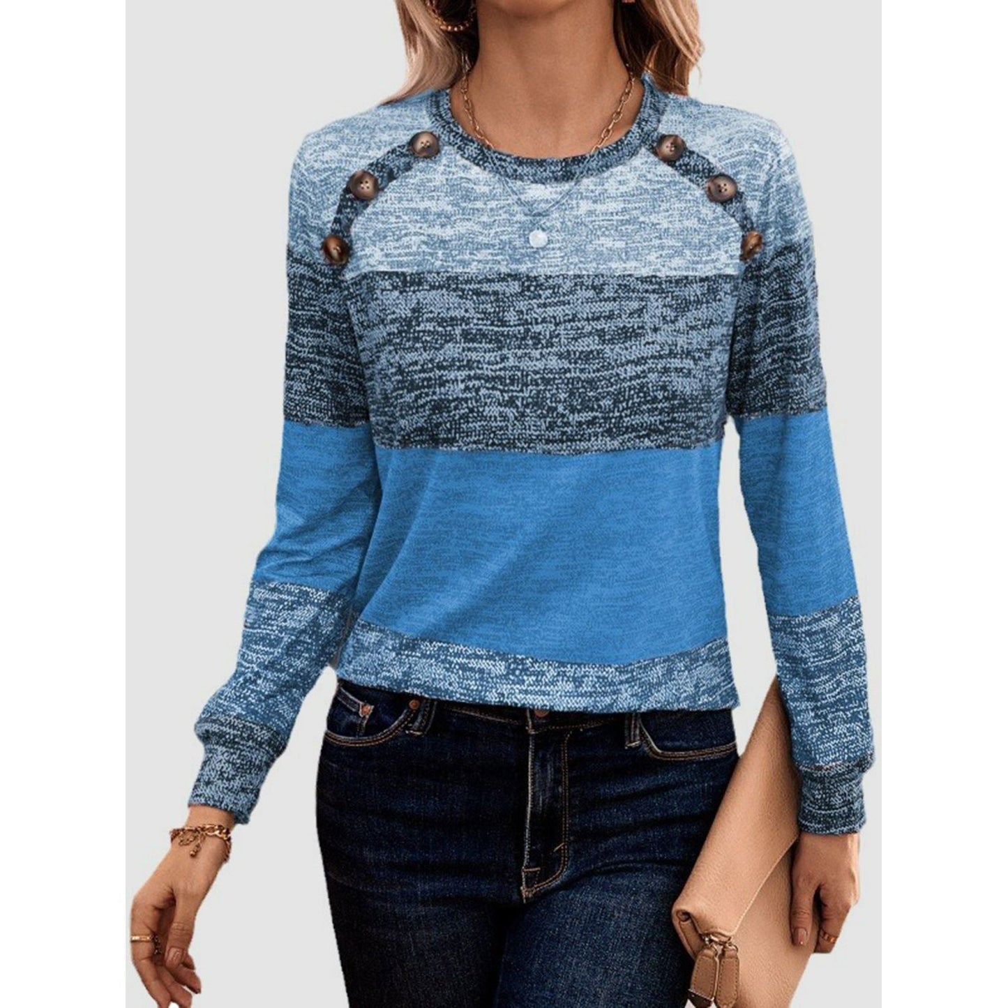 Decorative Button Contrast Round Neck Long Sleeve T-Shirt