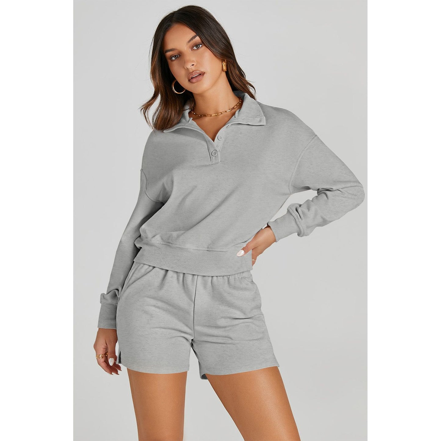 Half Button Sweatshirt and Shorts Active Set