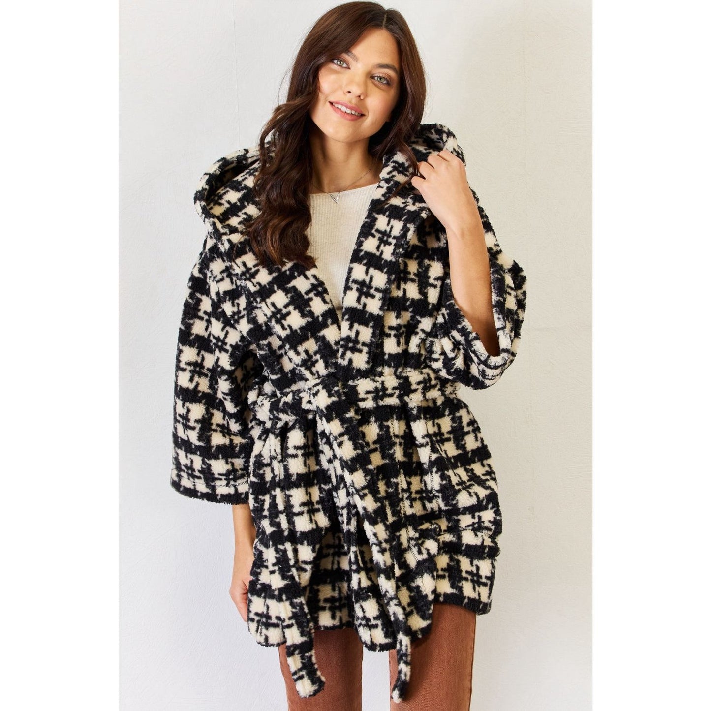 J.NNA Fuzzy Plaid Waist Tie Hooded Robe Cardigan