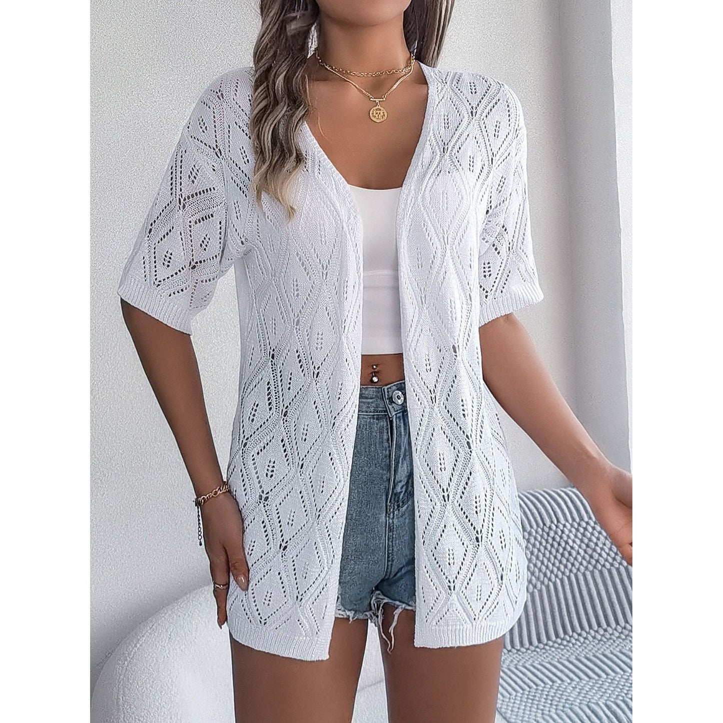 Openwork Open Front Half Sleeve Cardigan