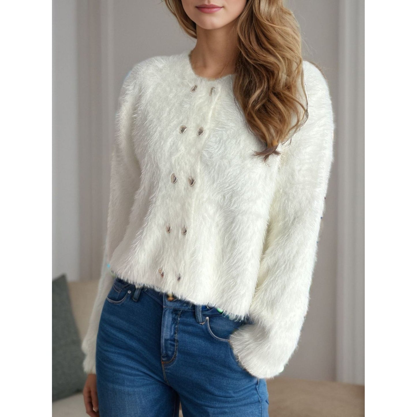 Heart Button Round Neck Cardigan