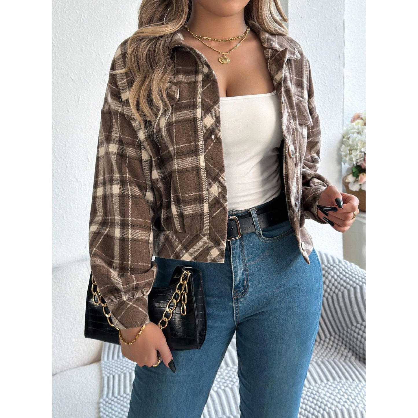 Plaid Button Up Long Sleeve Jacket