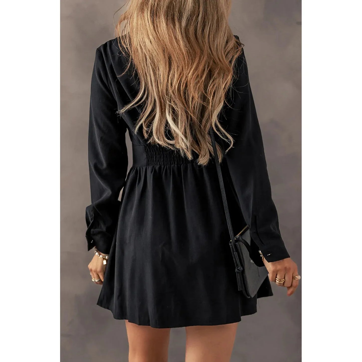 Ruched Button Up Long Sleeve Dress