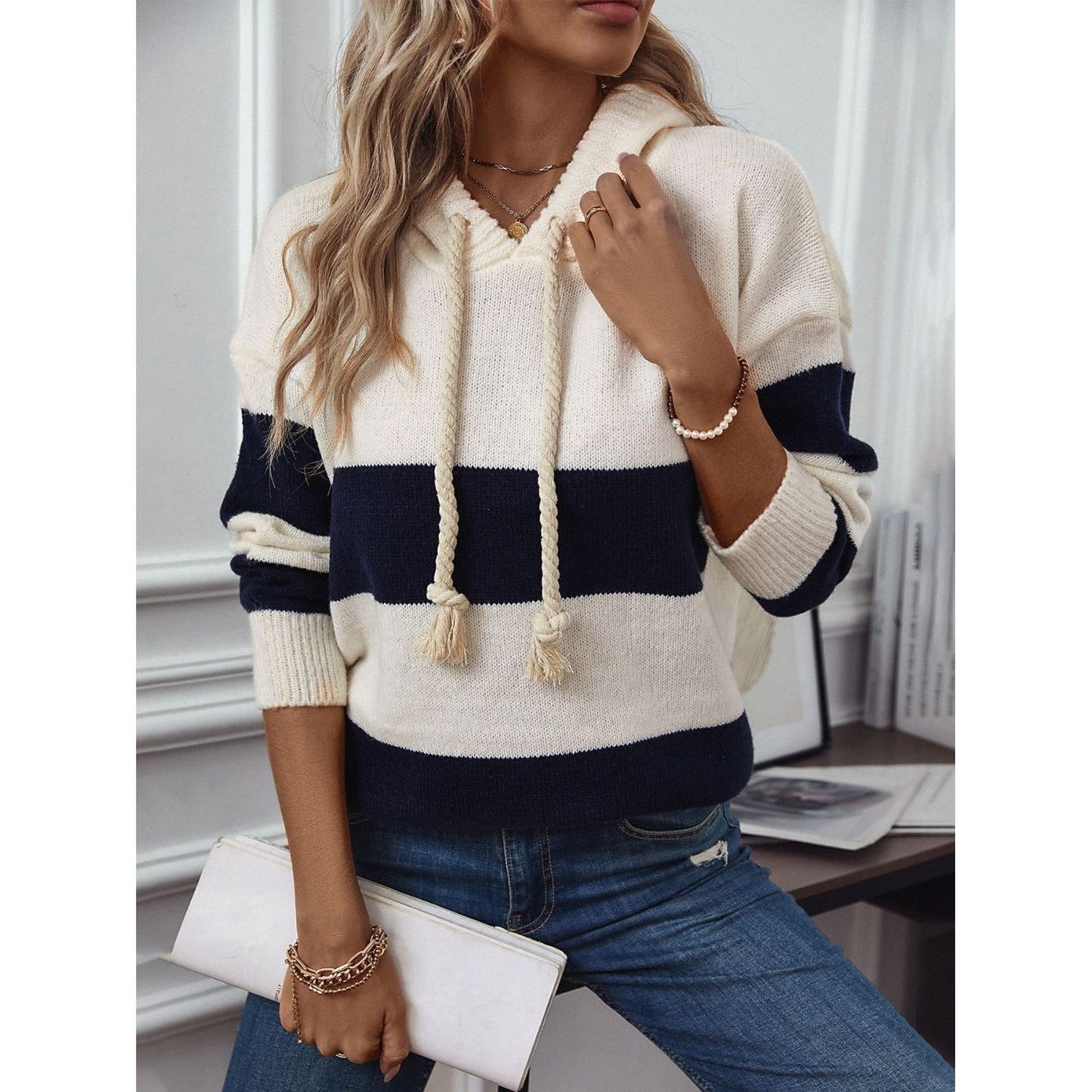 Drawstring Contrast Stripe Dropped Shoulder Hooded Sweater