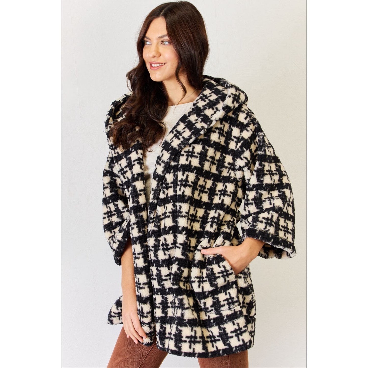 J.NNA Fuzzy Plaid Waist Tie Hooded Robe Cardigan