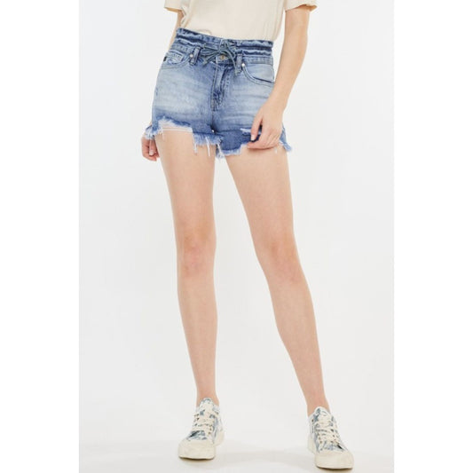 Kancan High Rise Frayed Hem Denim Shorts