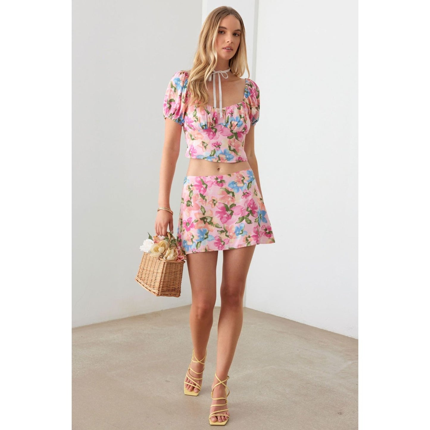 Le Lis Floral Puff Sleeve Crop Top and Mini Skirt Set