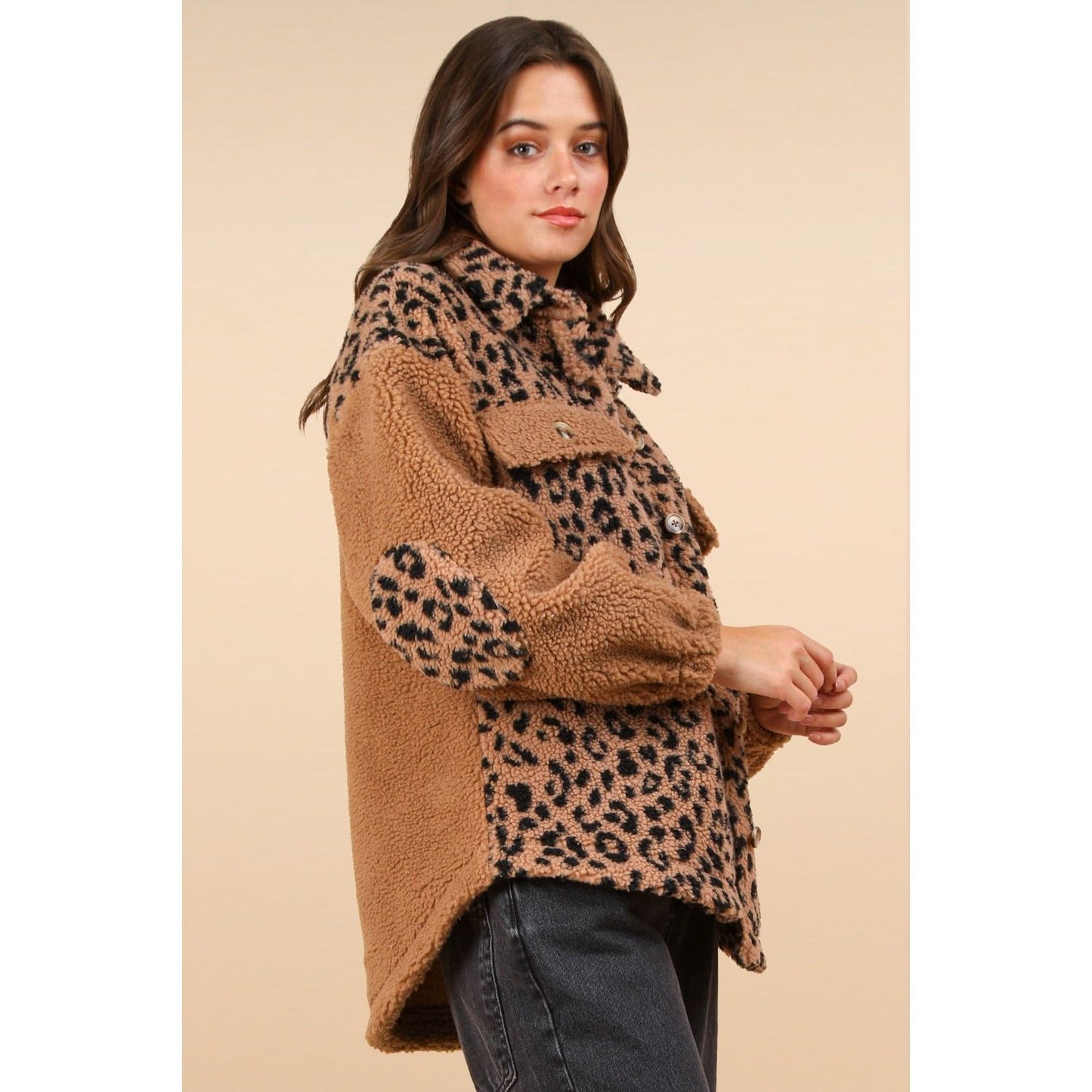 VERY J Fuzzy Leopard Button Down Long Sleeve Jacket