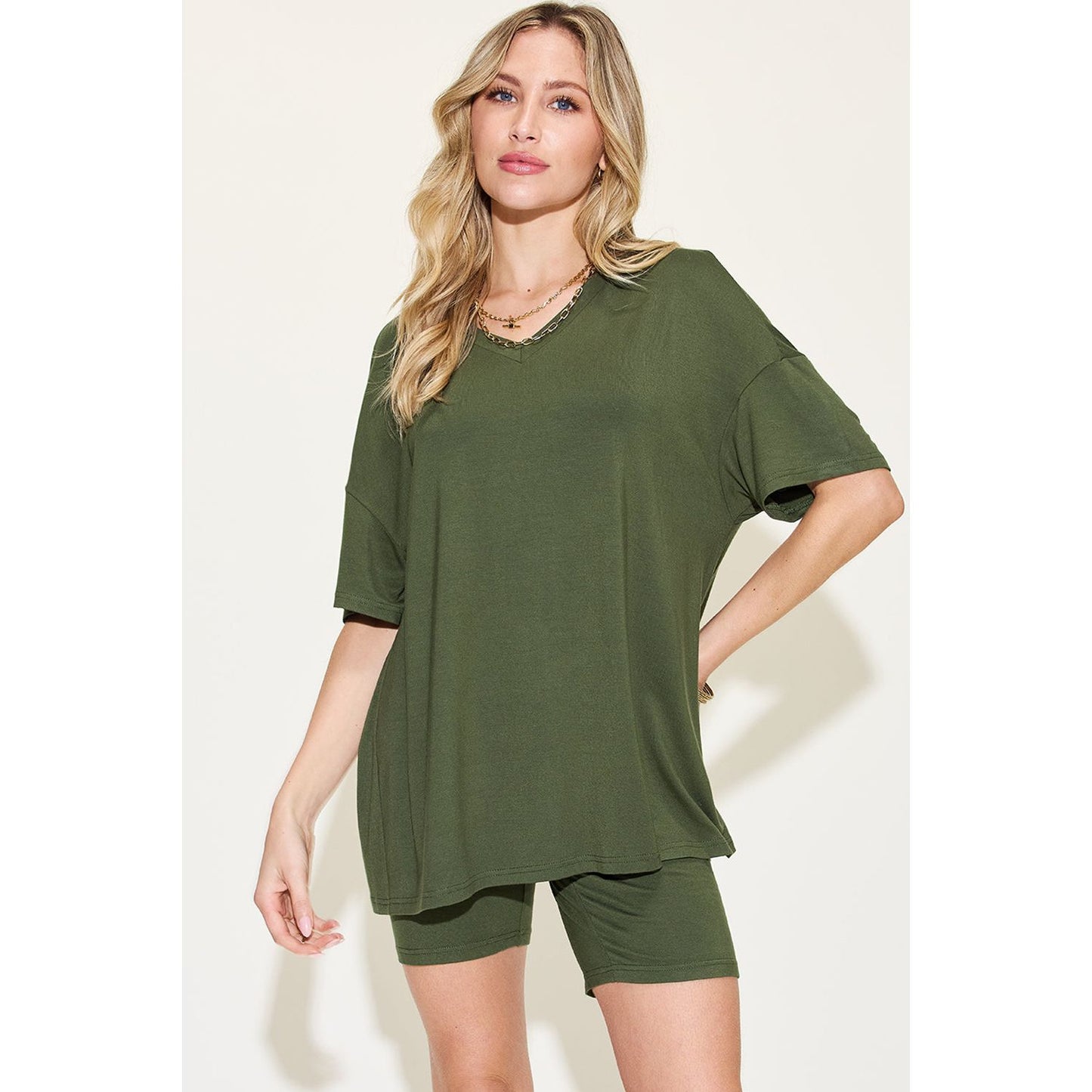 Basic Bae Full Size V-Neck Drop Shoulder T-Shirt and Shorts Set