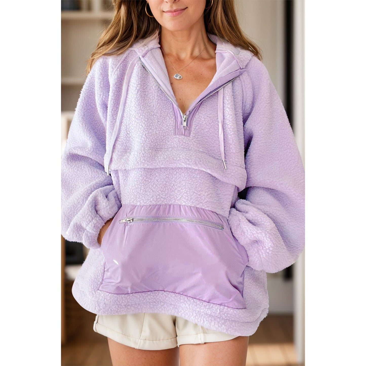 Drawstring Half Zip Long Sleeve Hoodie