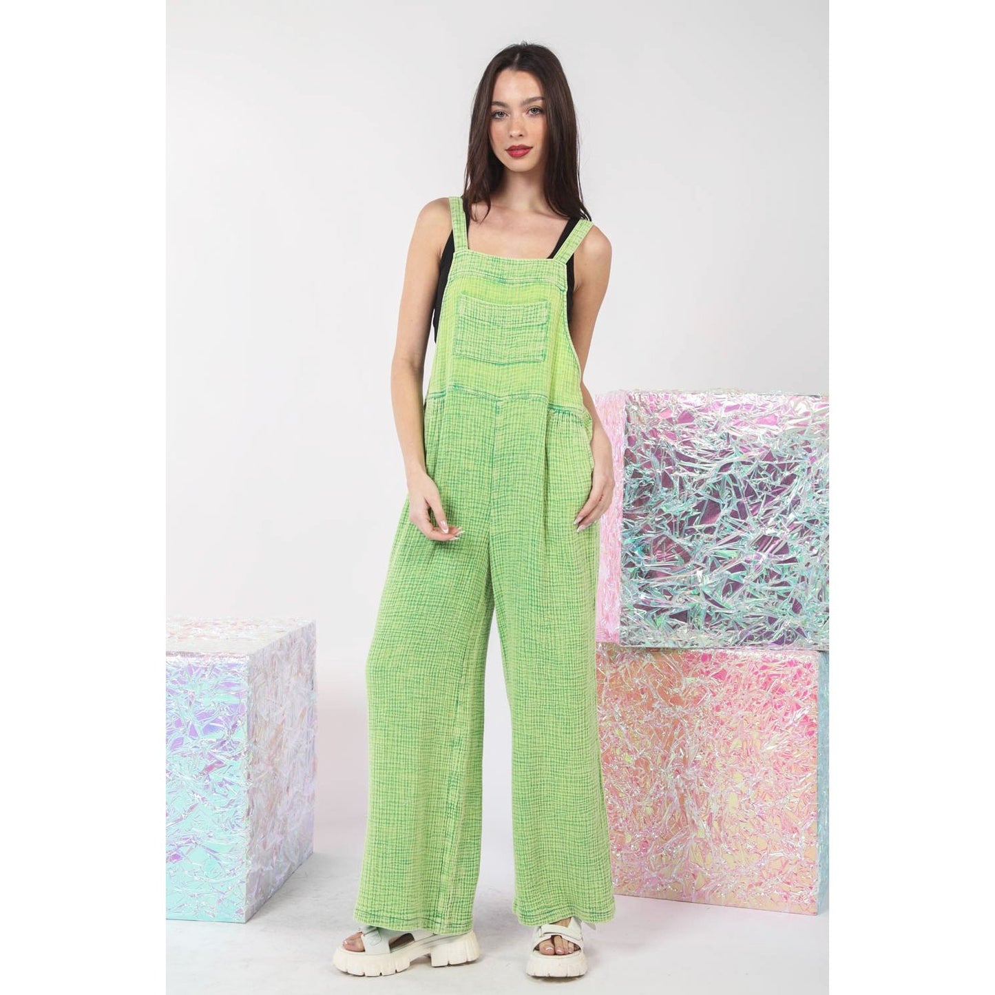 VERY J Texture Washed Wide Leg Overalls