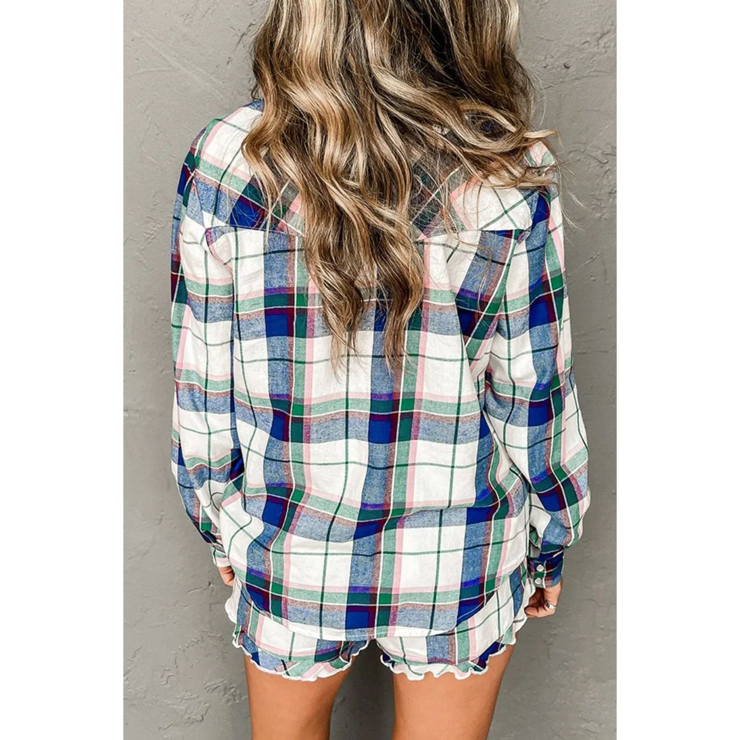 Plaid Snap Down Long Sleeve Top and Shorts Lounge Set