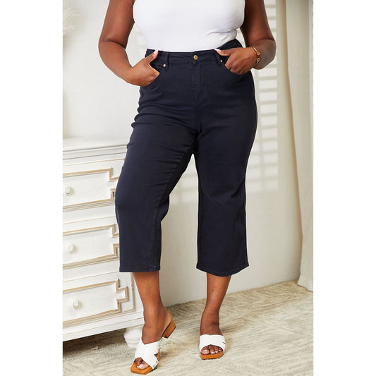 Judy Blue Full Size High Waist Tummy Control Garment Dyed Wide Cropped Jeans