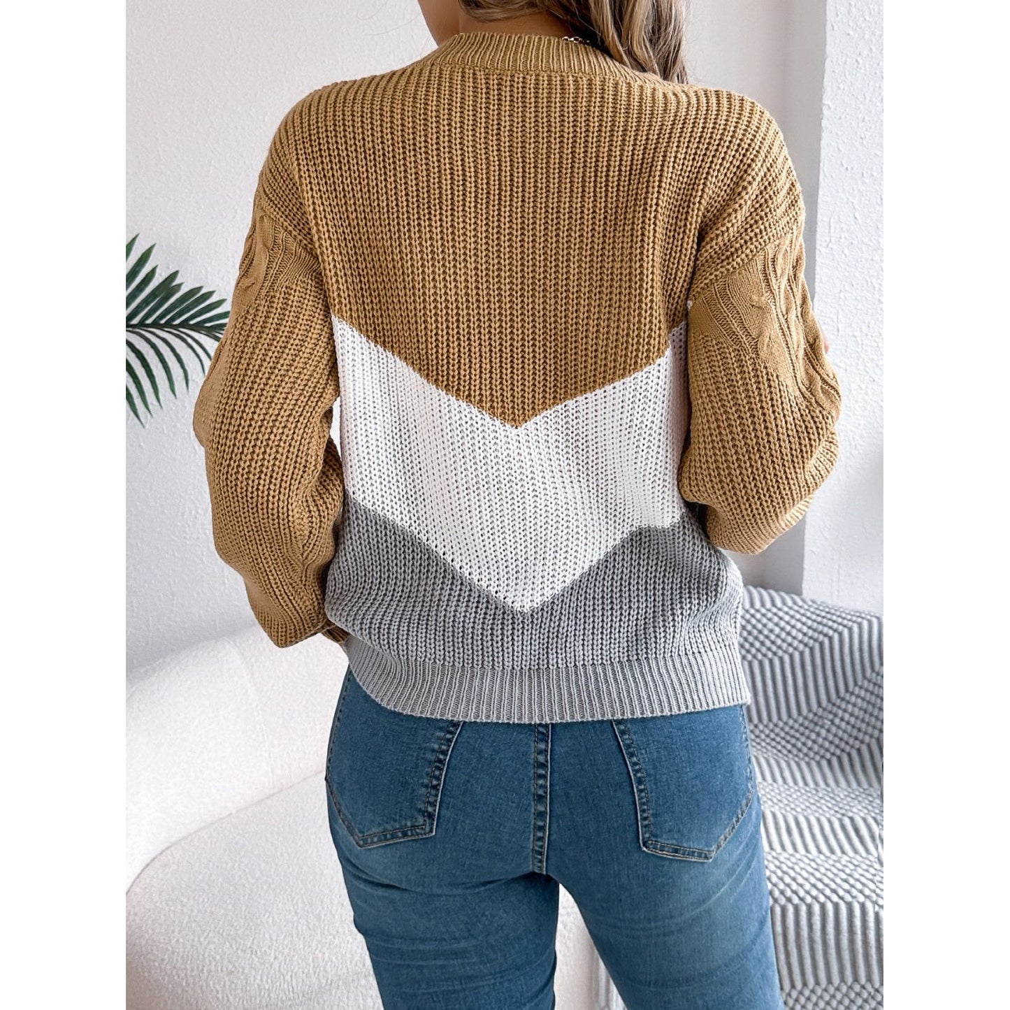 Cable-Knit Color Block Round Neck Sweater