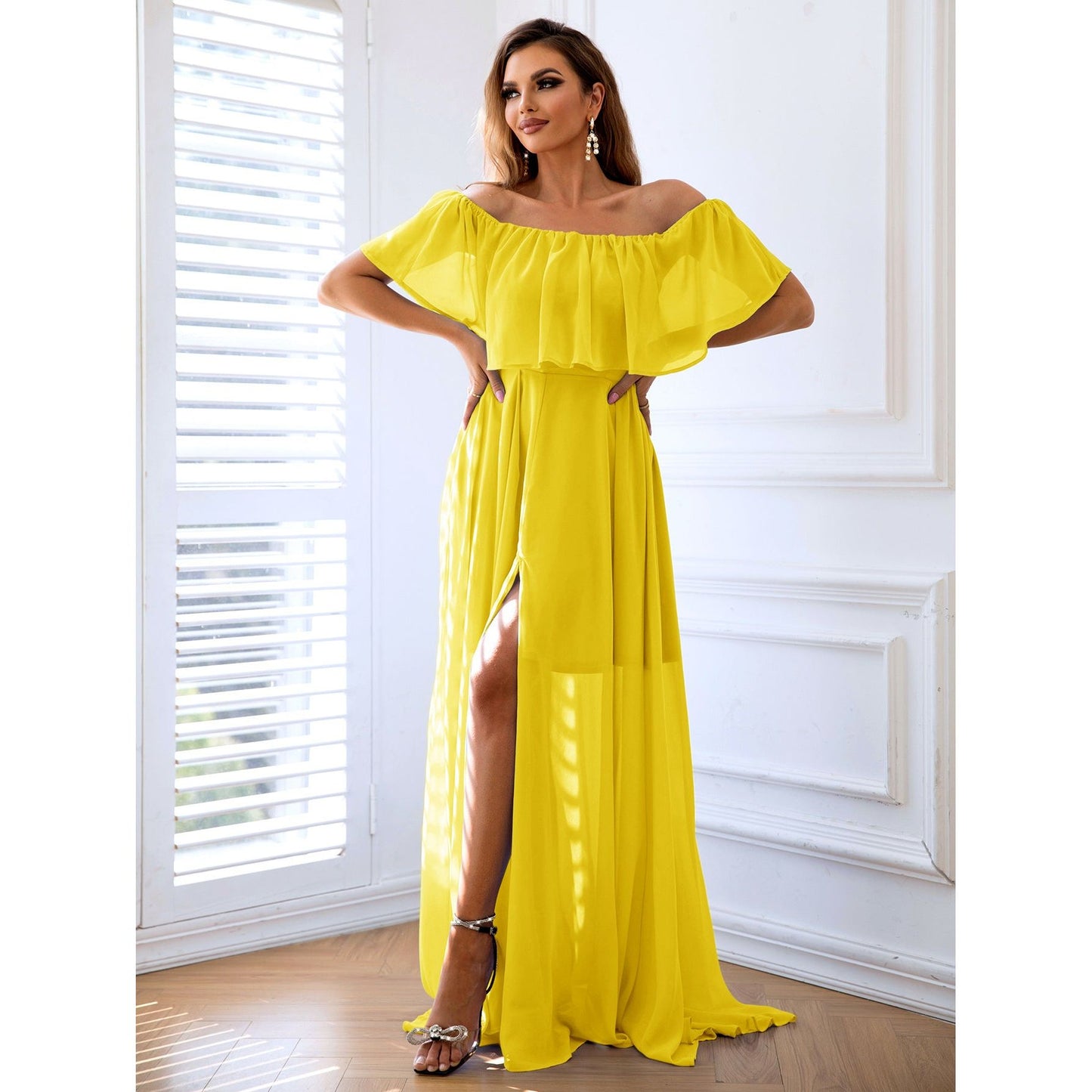 Off-Shoulder Layered Split Maxi Dress