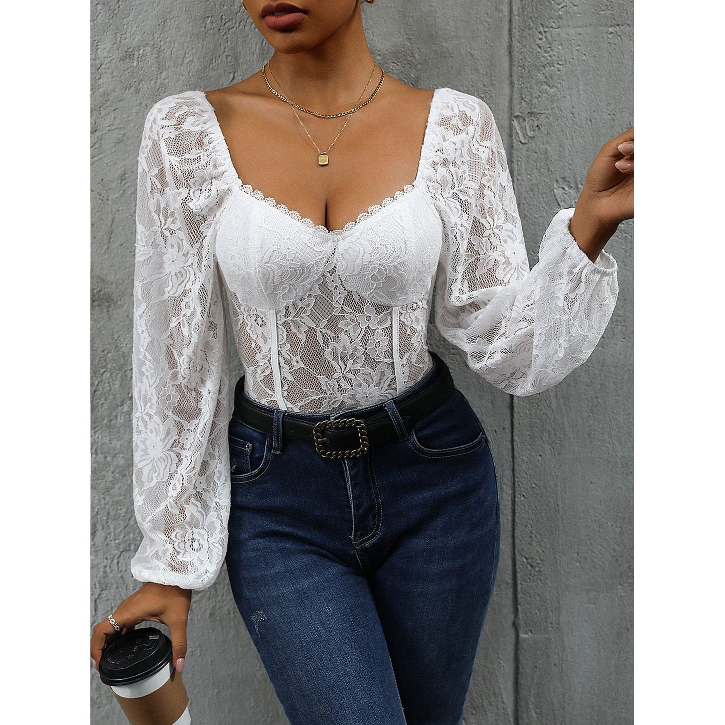 Perfee Lace Balloon Sleeve Bodysuit