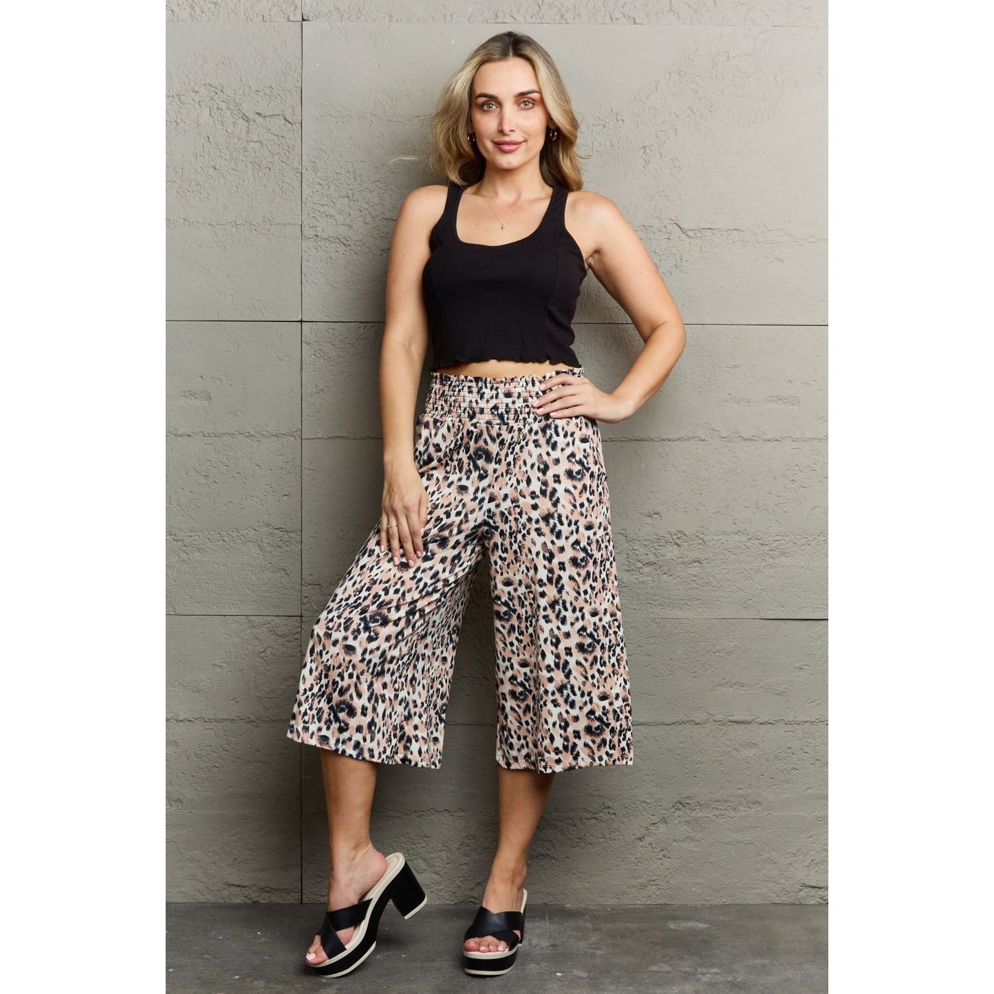 Ninexis Leopard High Waist Flowy Wide Leg Pants with Pockets