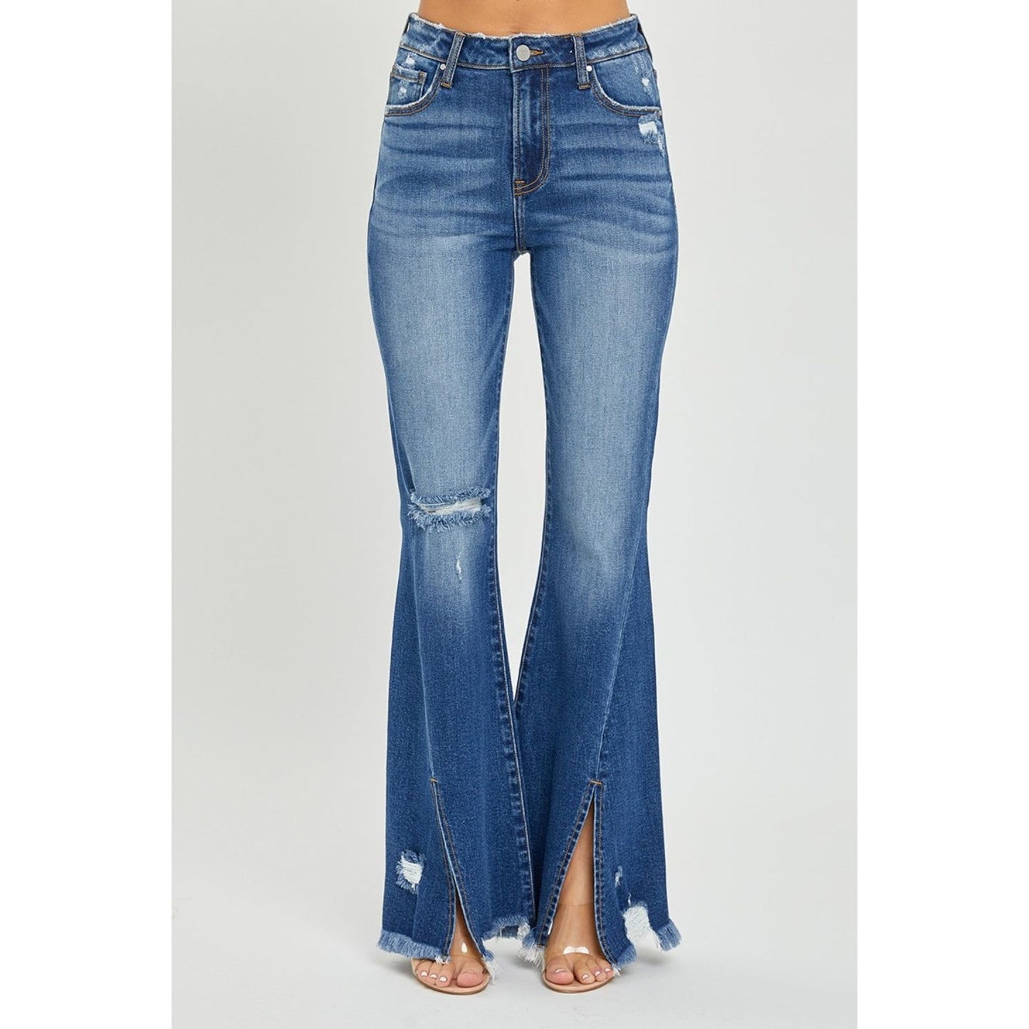 RISEN Full Size High Rise Front Slit Frayed Hem Flare Jeans