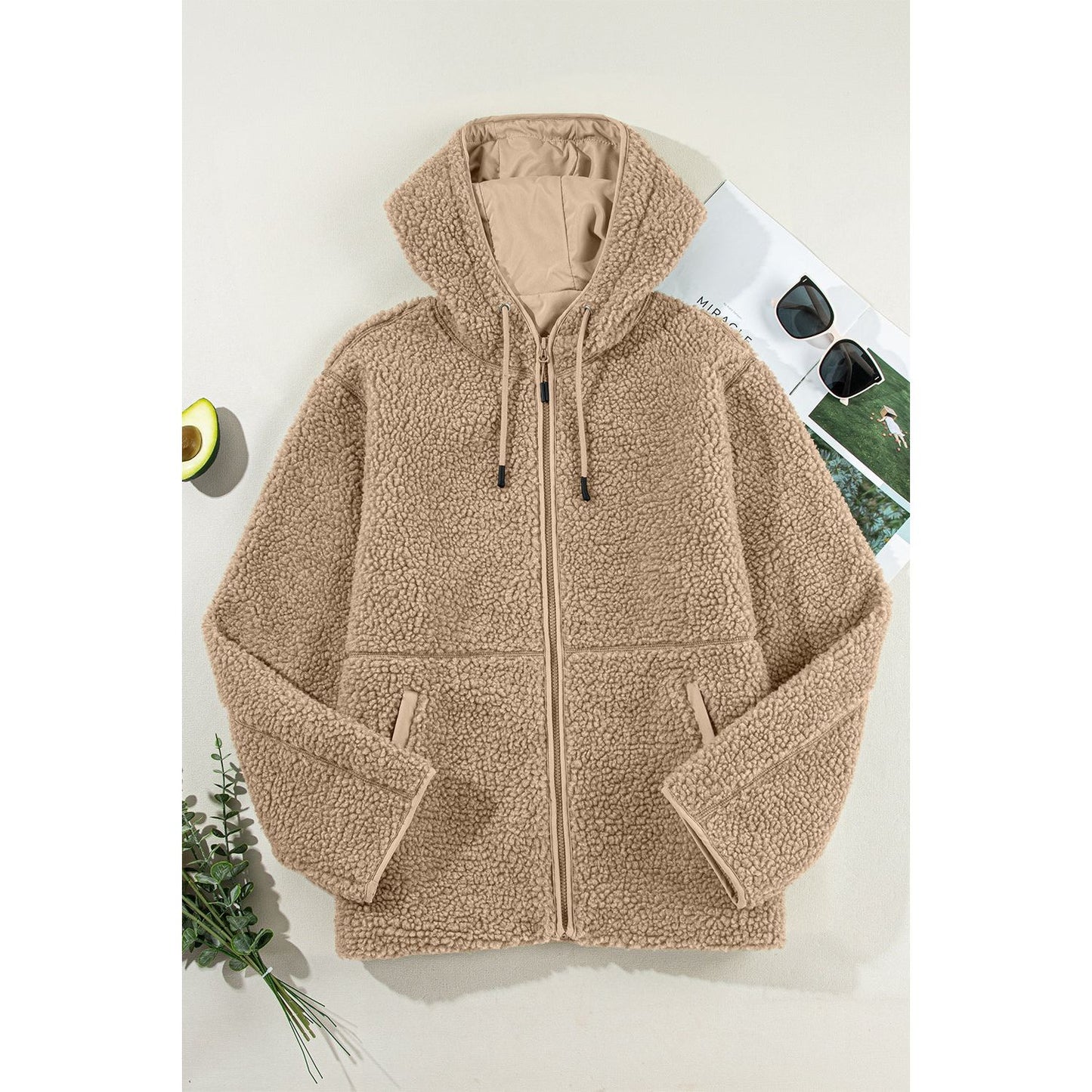 Drawstring Fleece Zip Up Hooded Jacket