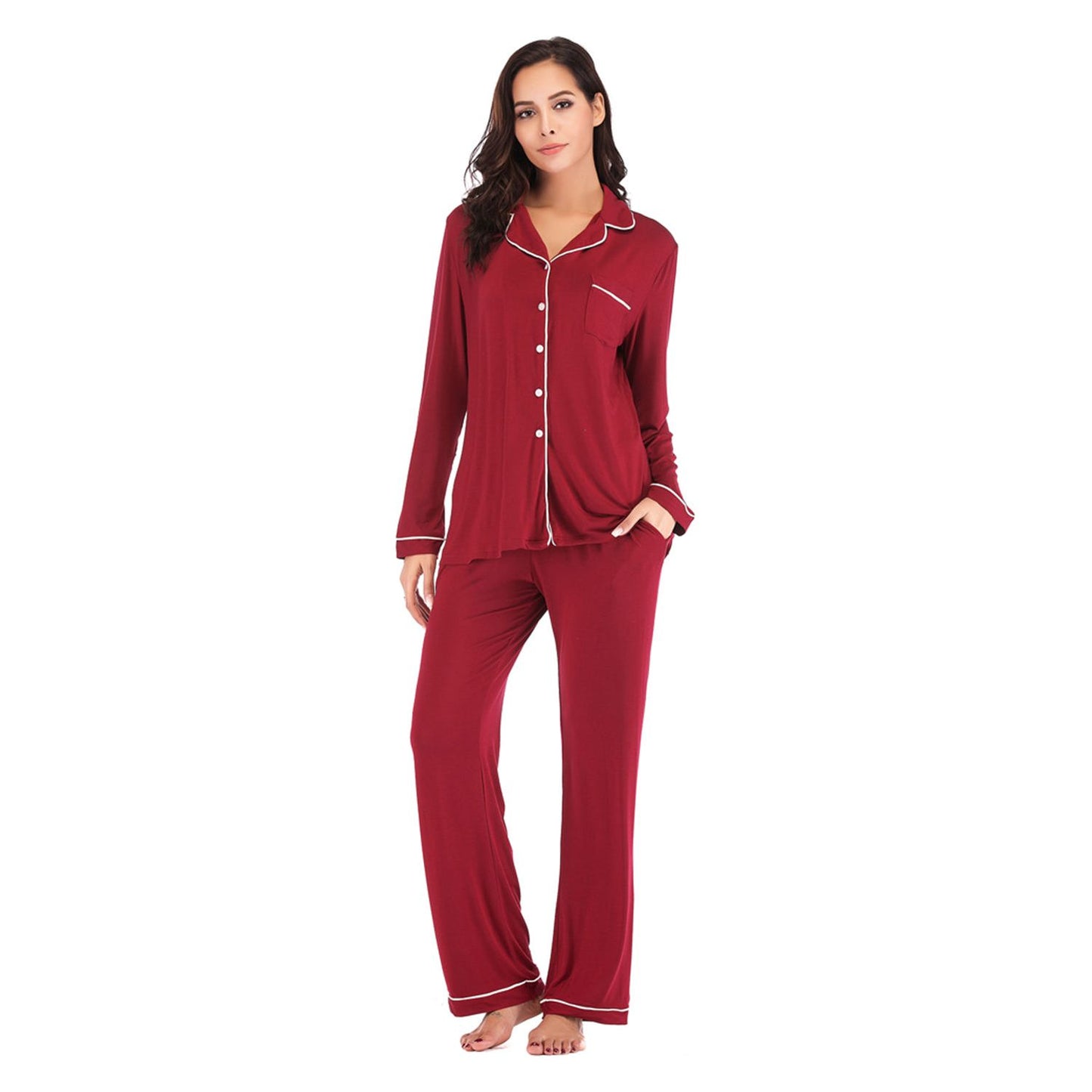 Collared Neck Long Sleeve Loungewear Set with Pockets