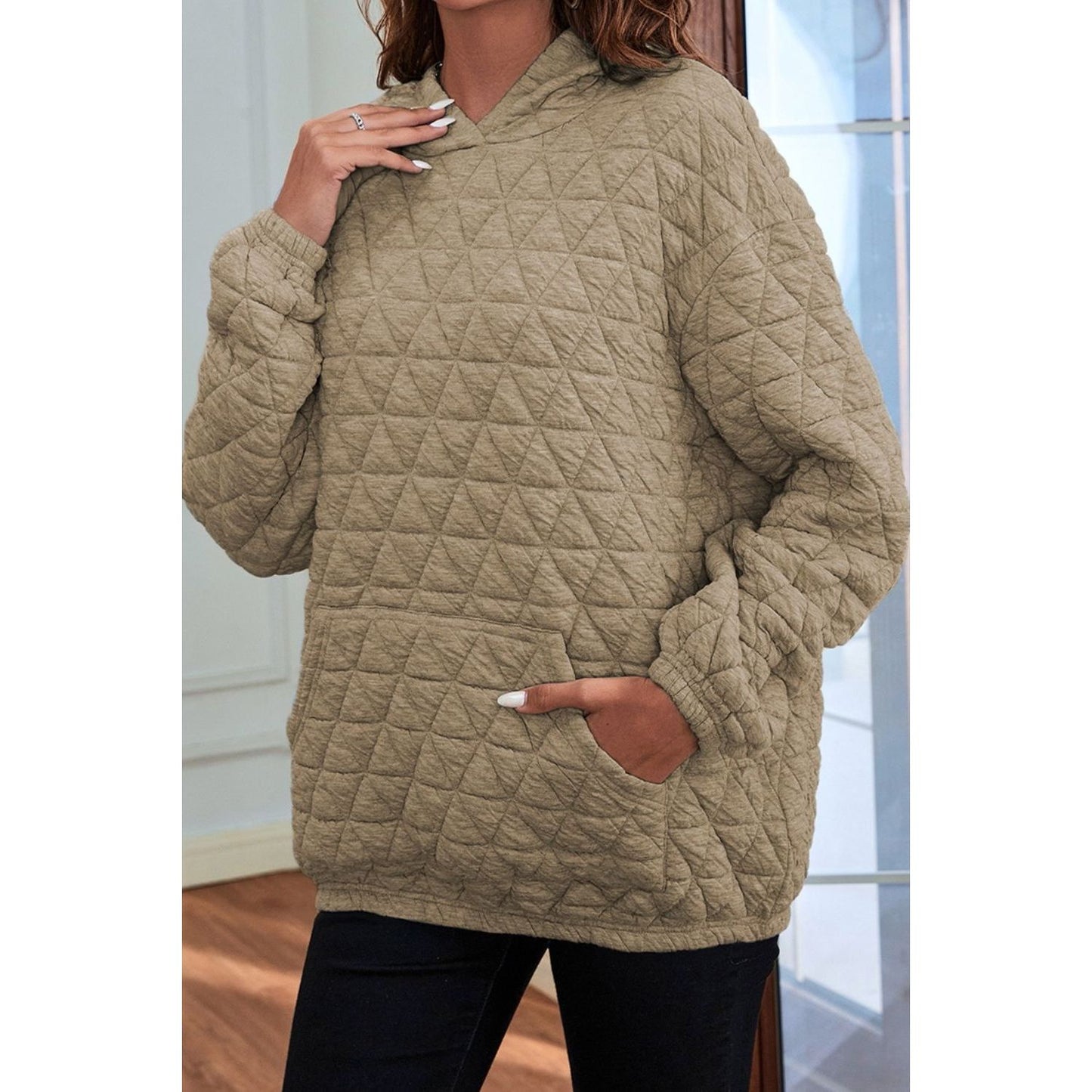 Quilted Long Sleeve Hoodie with Pocket