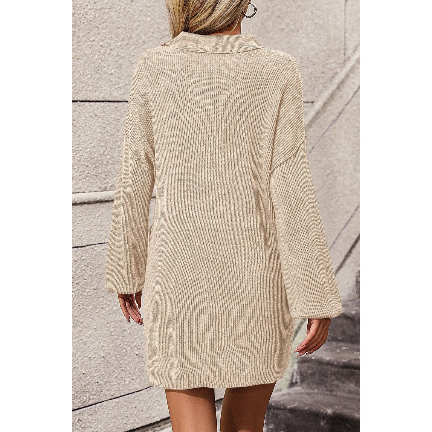 Collared Neck Long Sleeve Sweater Dress with Pockets