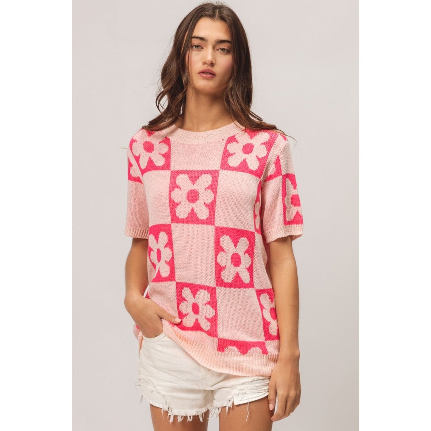 BiBi Flower Checker Pattern Short Sleeve Sweater