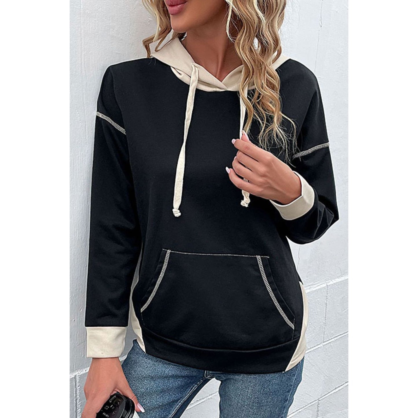 Perfee Contrast Drawstring Detail Drop Shoulder Hoodie