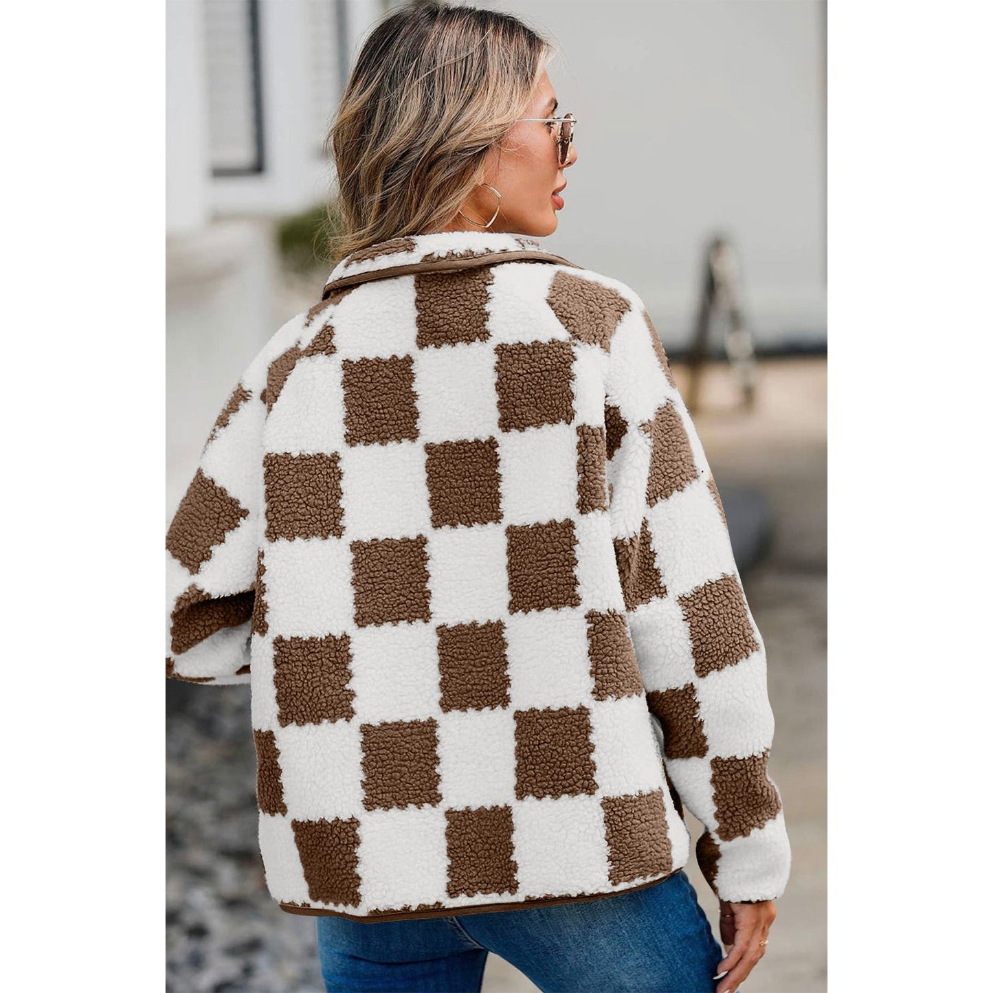 Checkered Snap Down Long Sleeve Teddy Jacket