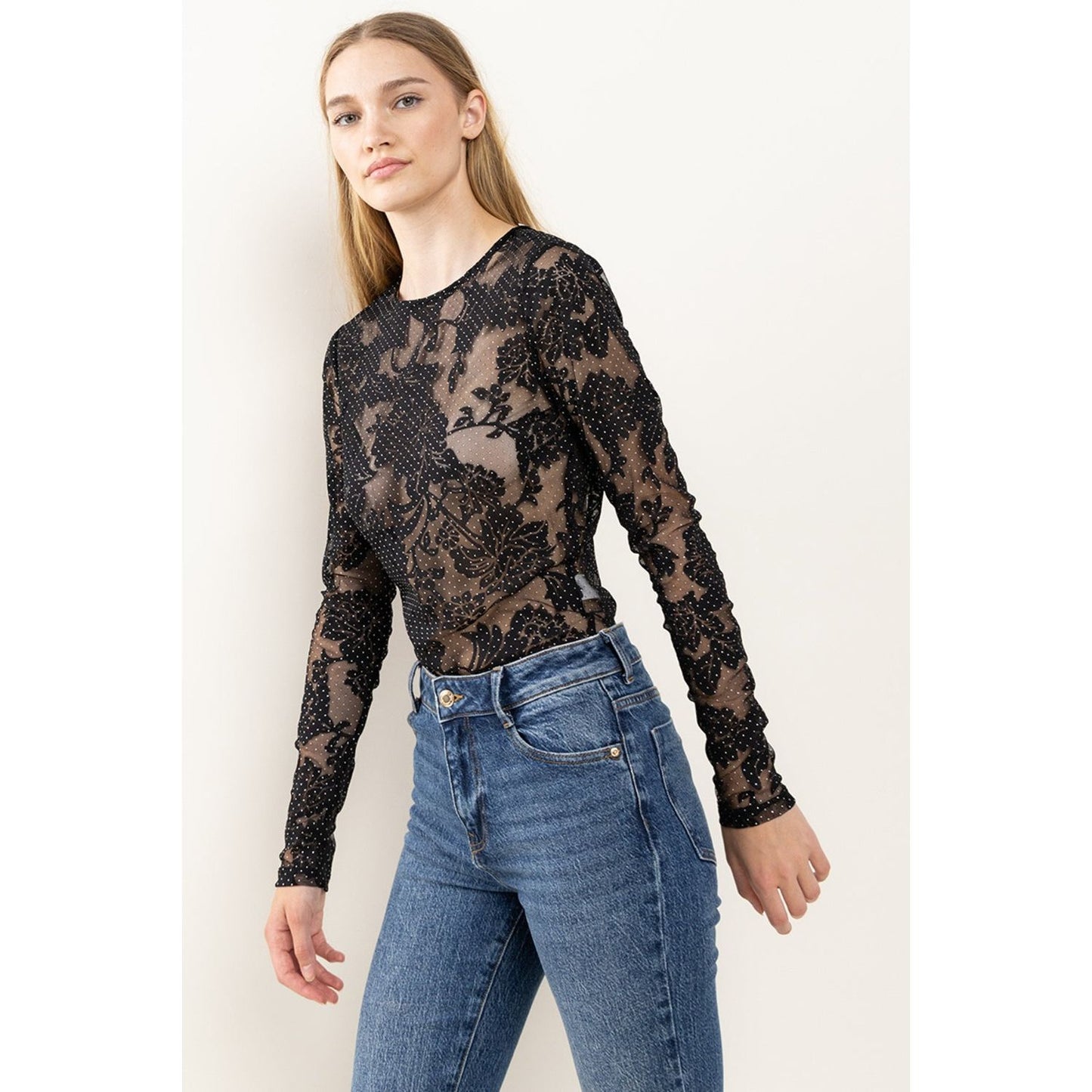 Ces Femme Floral Lace Mesh Bodysuit