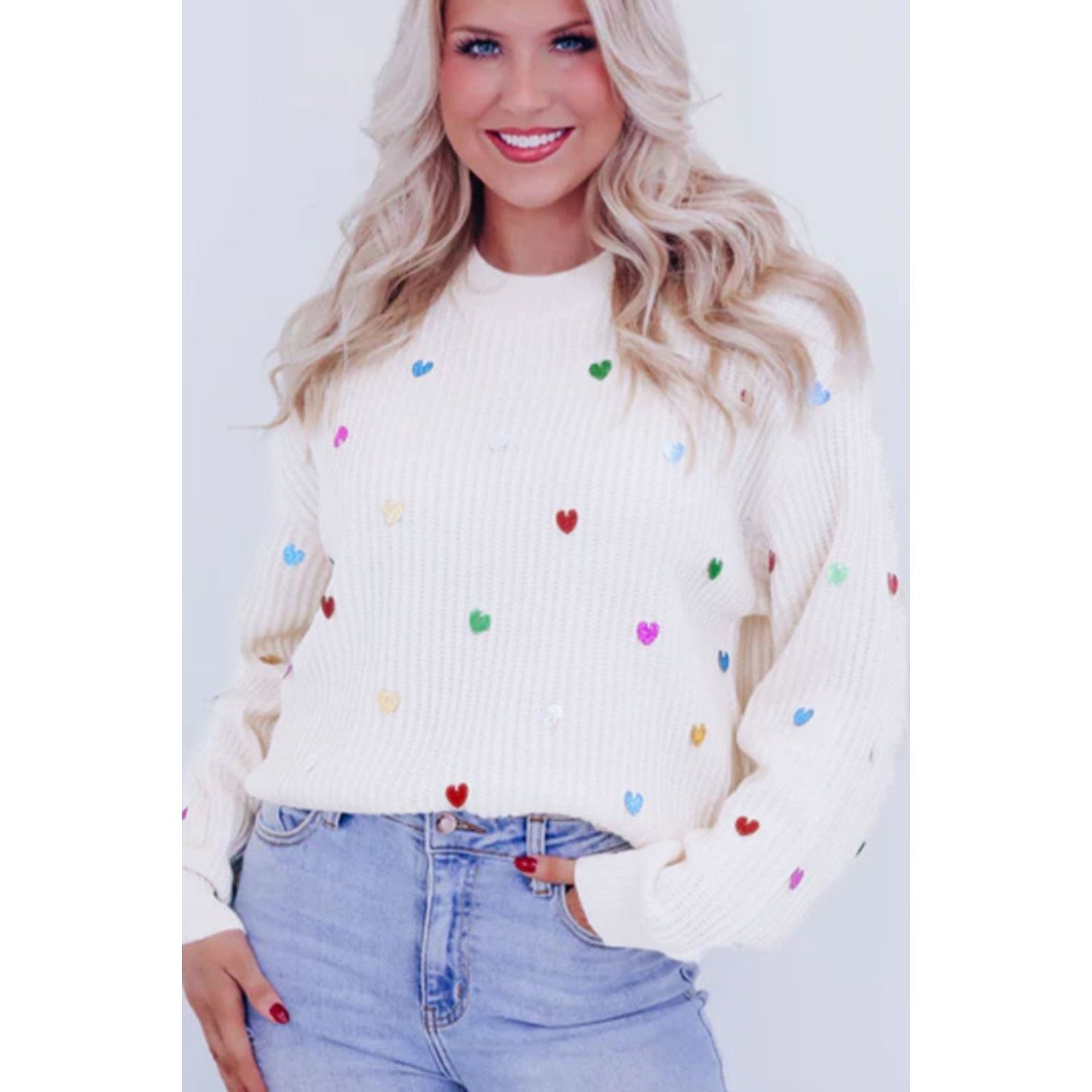 Heart Sequin Round Neck Long Sleeve Sweater