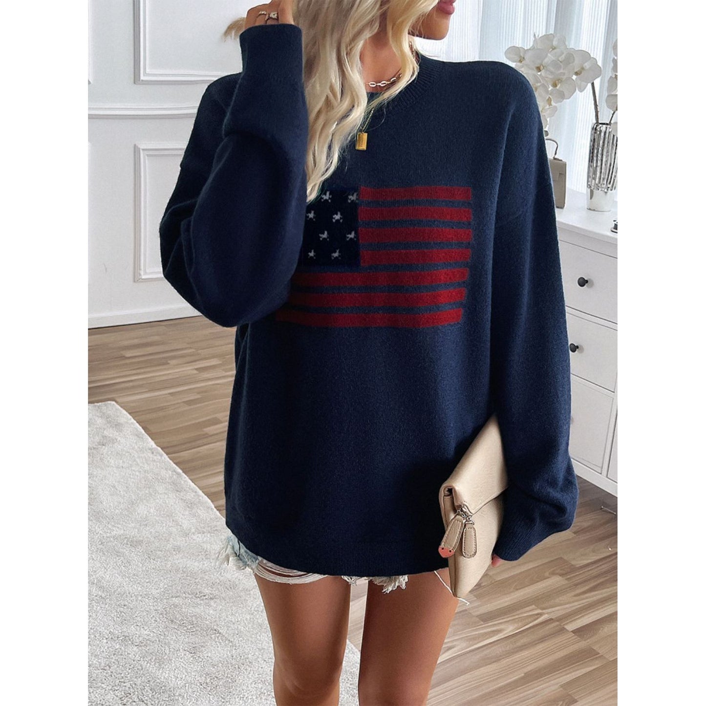 Devine US Flag Round Neck Long Sleeve Knit Top