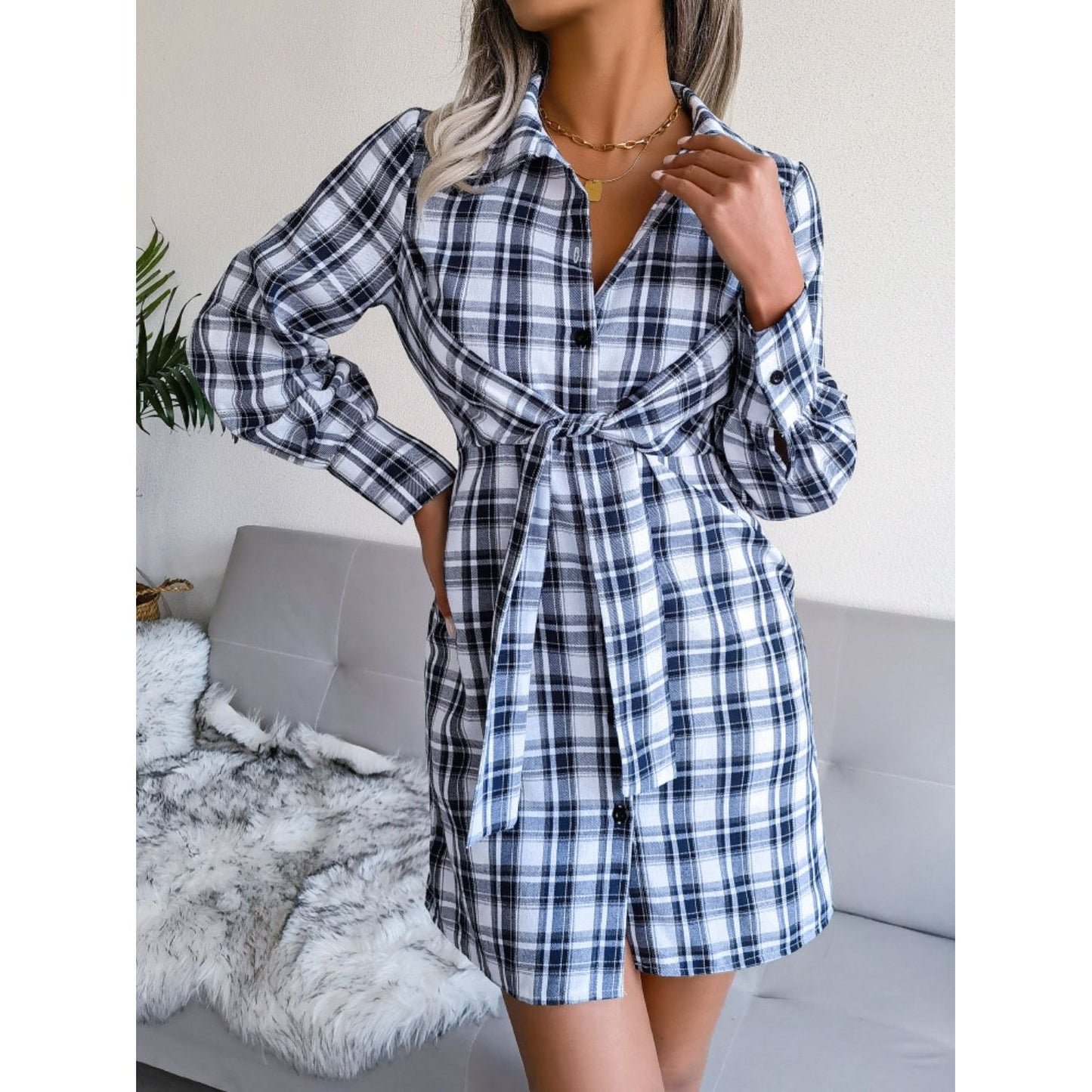 Tied Plaid Long Sleeve Mini Shirt Dress