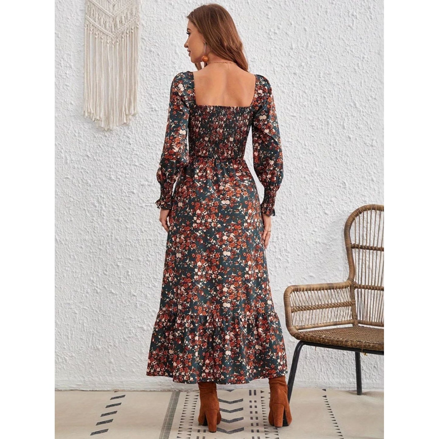 Smocked Floral Square Neck Long Sleeve Dress