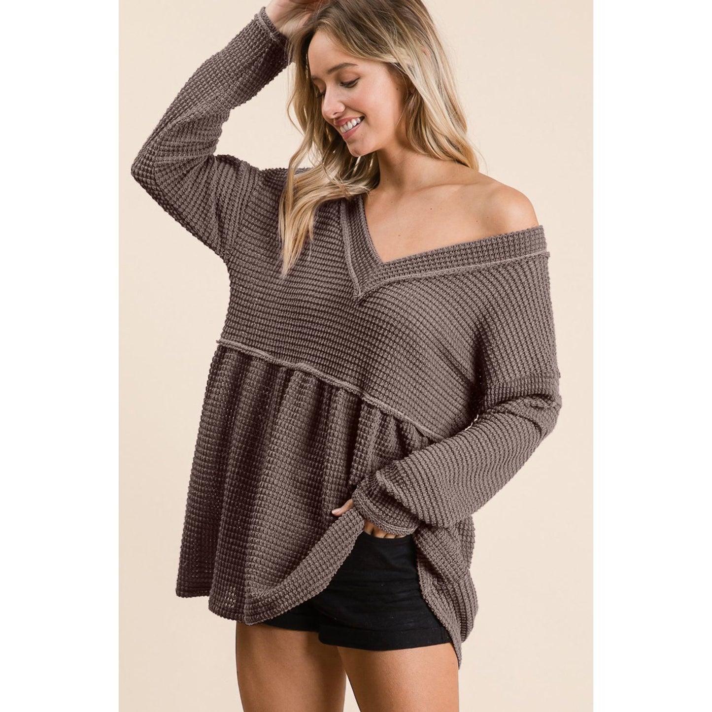 BiBi Waffle Knit V-Neck Babydoll Blouse