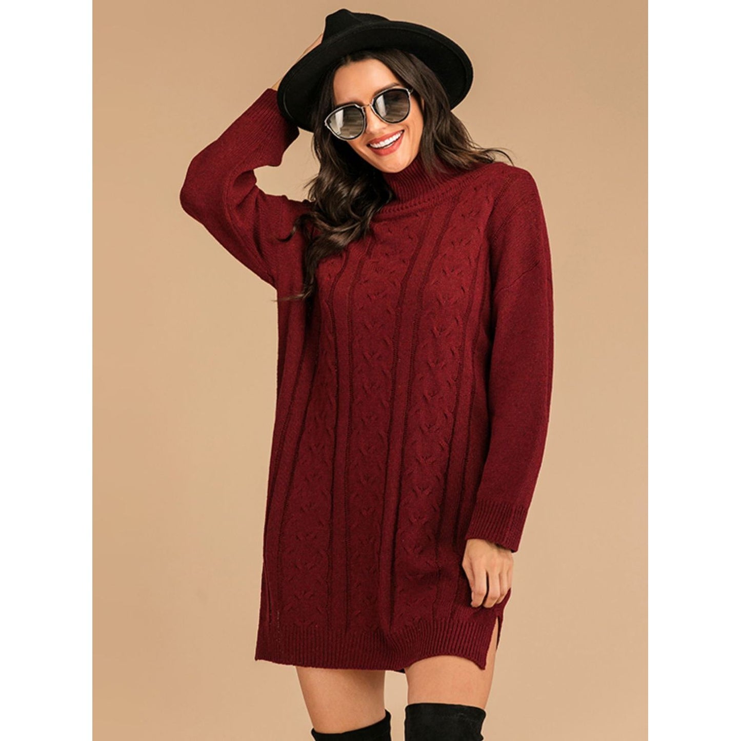 Perfee Slit Turtleneck Long Sleeve Mini Sweater Dress