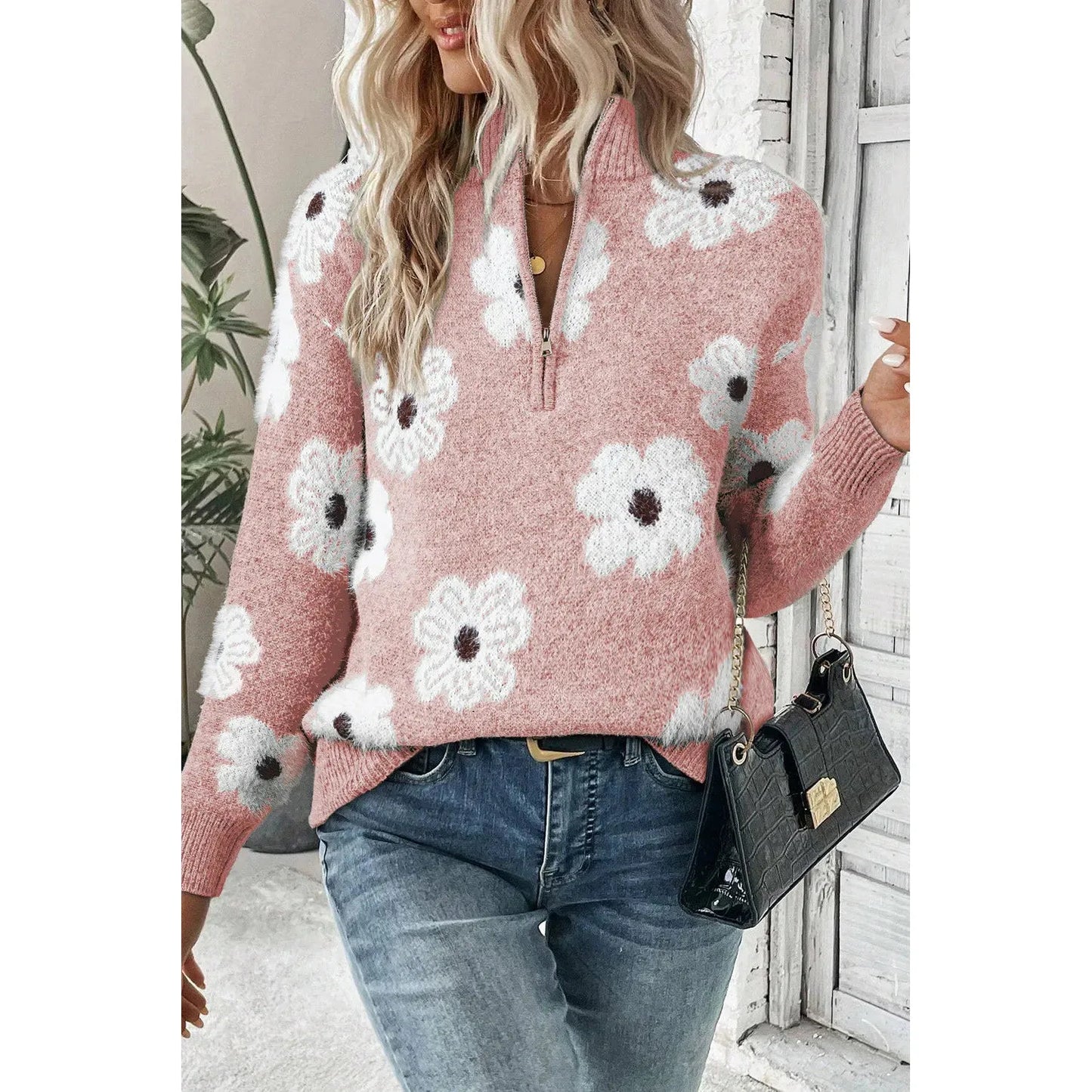 Flower Half Zip Long Sleeve Sweater