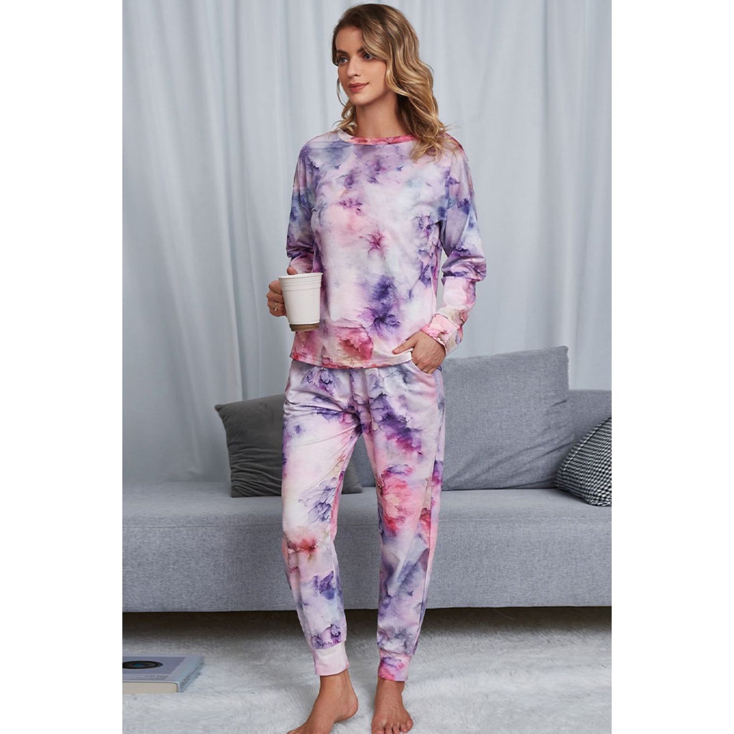 Shiny Tie-Dye Crewneck Top and Drawstring Waist Joggers Lounge Set