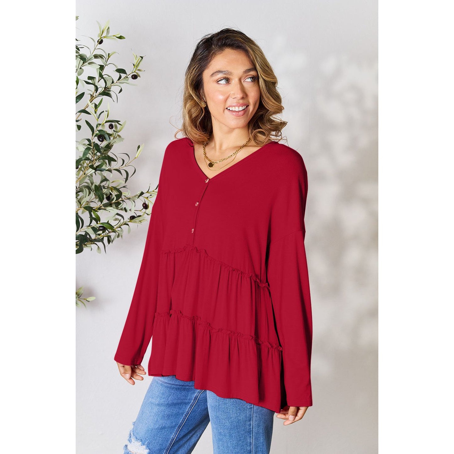 Double Take Half Button Long Sleeve Ruffle Hem Blouse