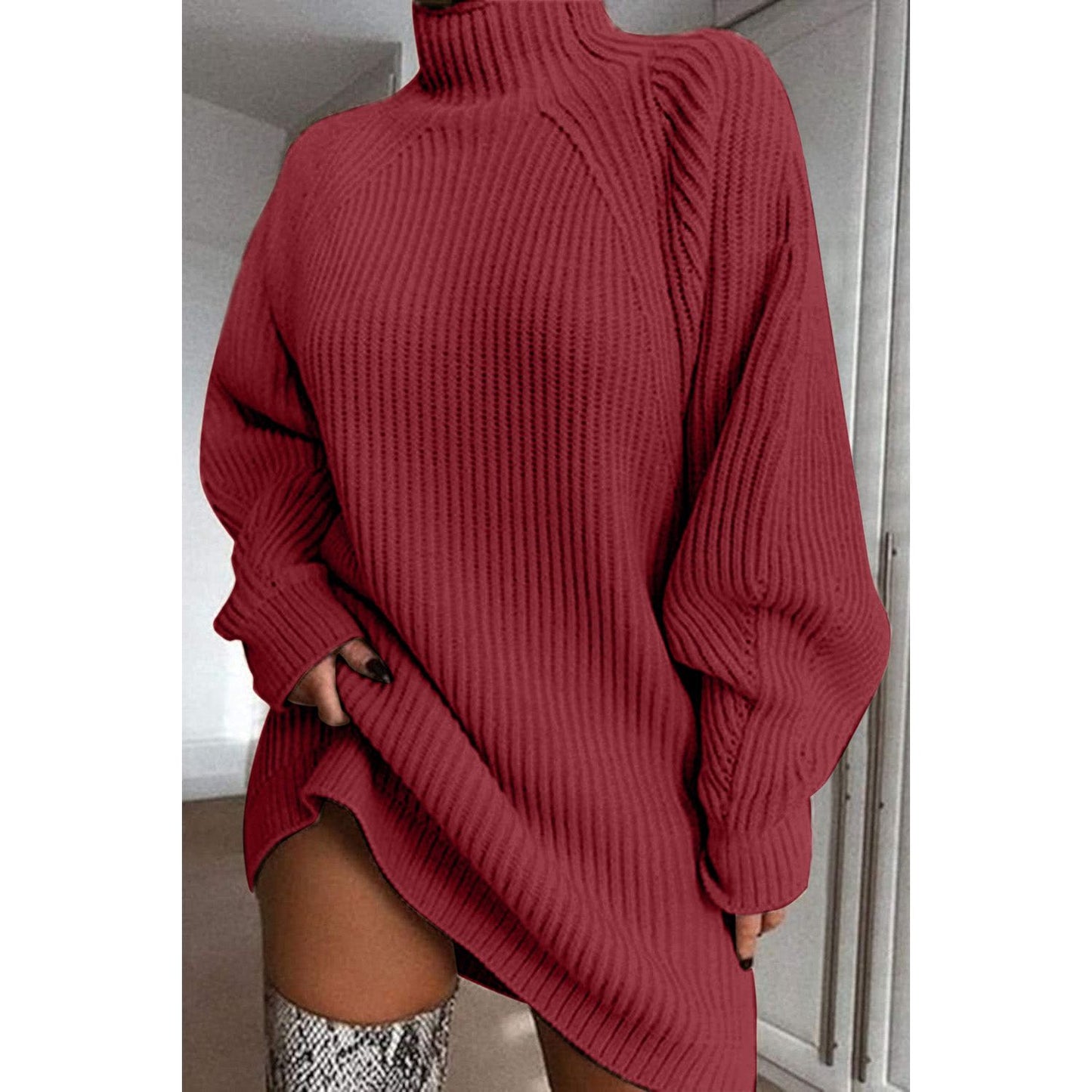 Mock Neck Dropped Shoulder Sweater Dress