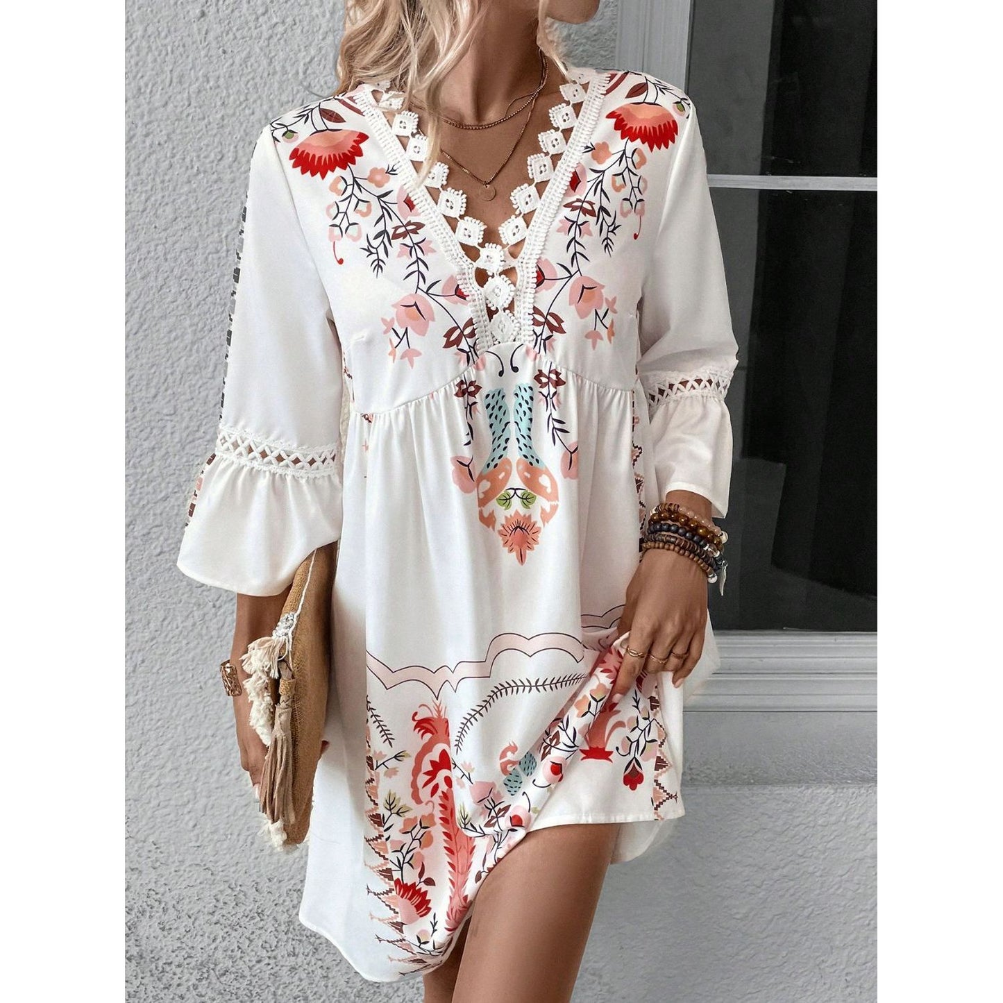 Lace Detail Printed Three-Quarter Sleeve Dress