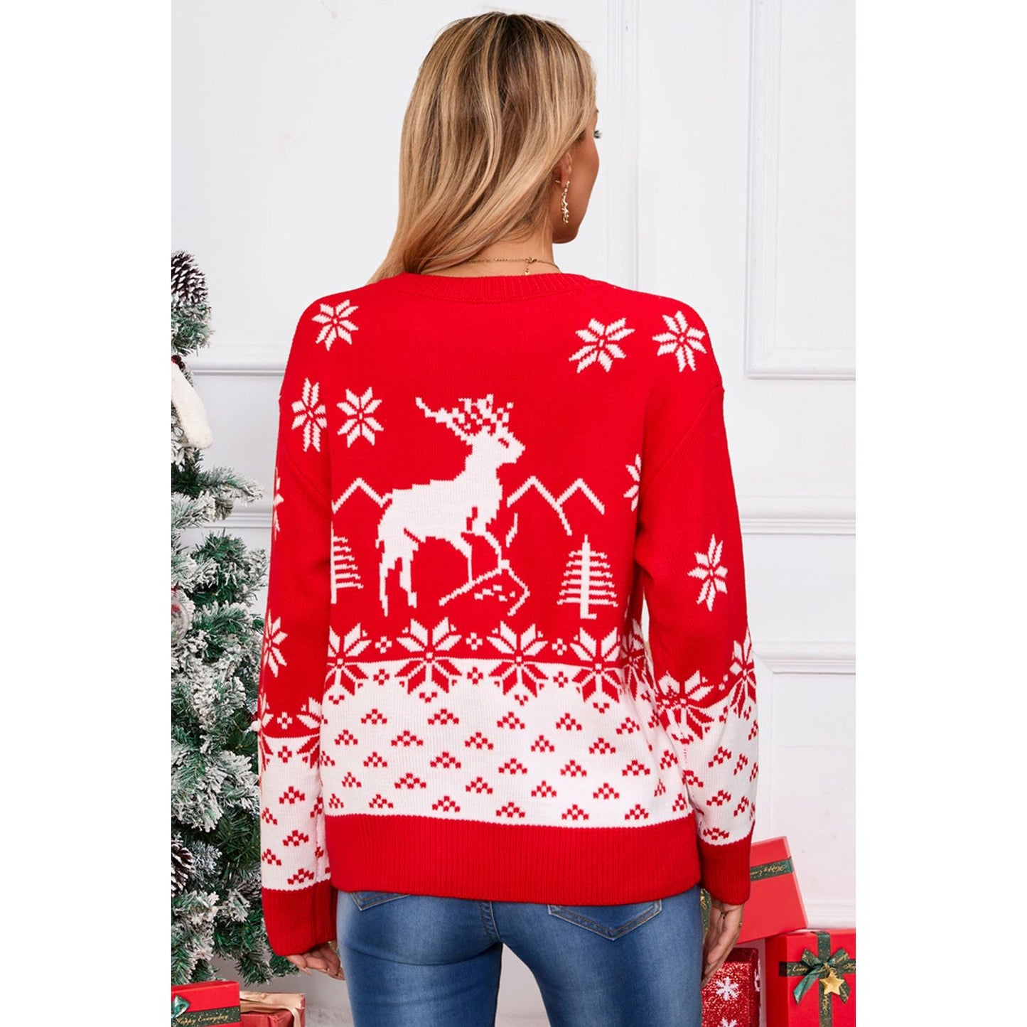 Angel Wings Deer Pattern Round Neck Long Sleeve Sweater